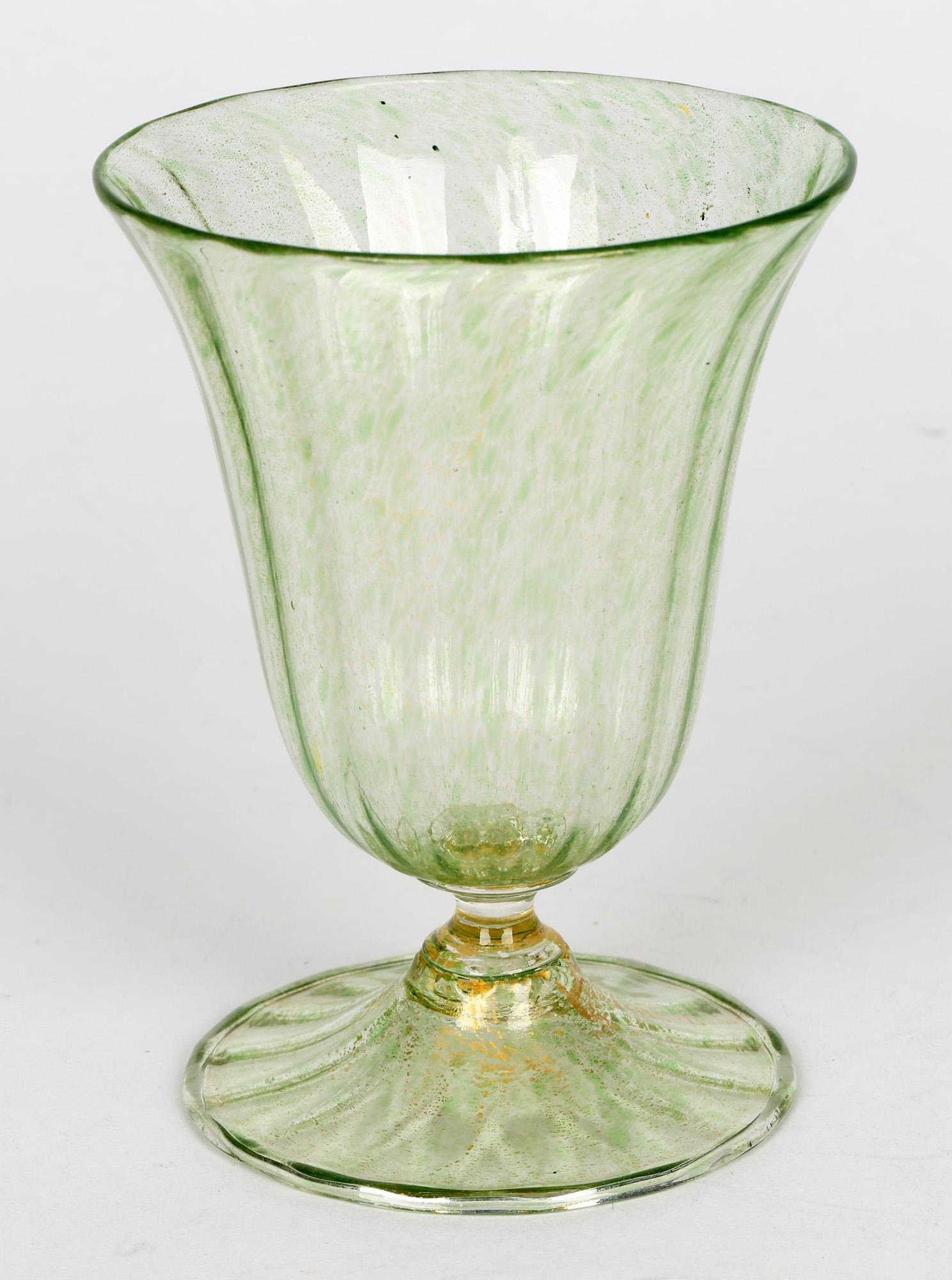 Blown Glass Antonio Salviati Venetian Revival Green and Aventurine Sundae or Ice Cream Glass For Sale