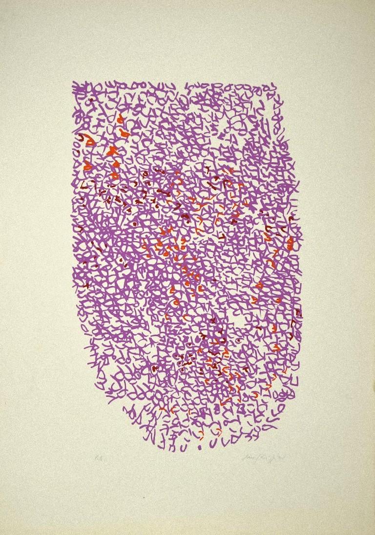 Abstract In Purple is an original serigraphy artwork realized by Antonio Sanfilippo in 1971.

Hand-signed and dated in pencil on the lower left.

Good conditions.

This colored artwork represents an abstract composition of the artist's last period