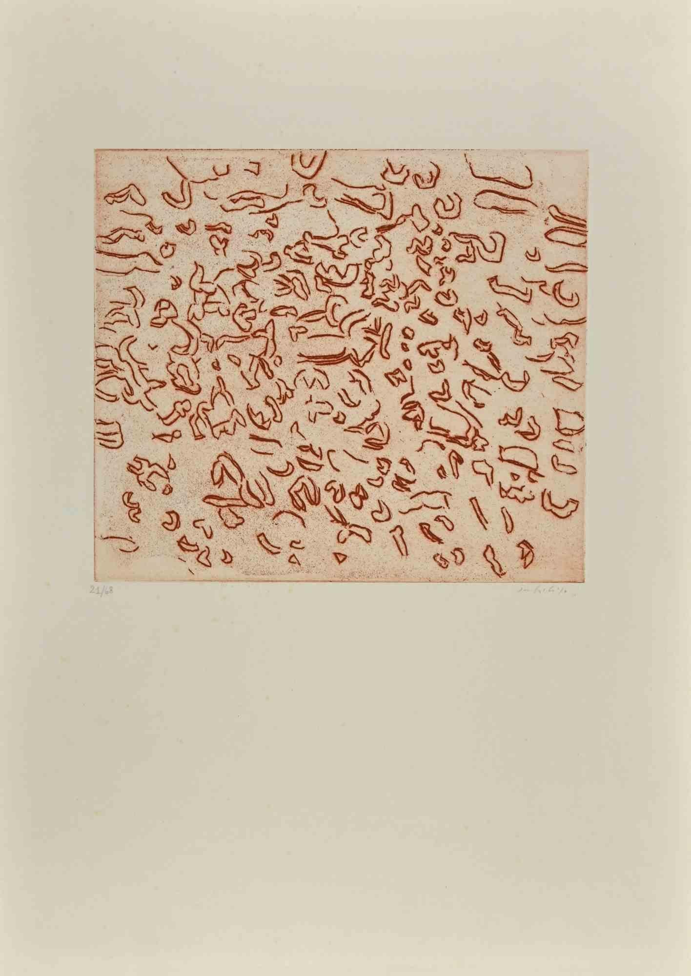 Untitled is an etching realized by the Italian artist Antonio Sanfilippo.

Hand-signed in pencil on the lower right.

Numbered on the lower left. Edition 21/68 prints.

Good conditions except some foxing.

This artwork is depicted in a well-balanced