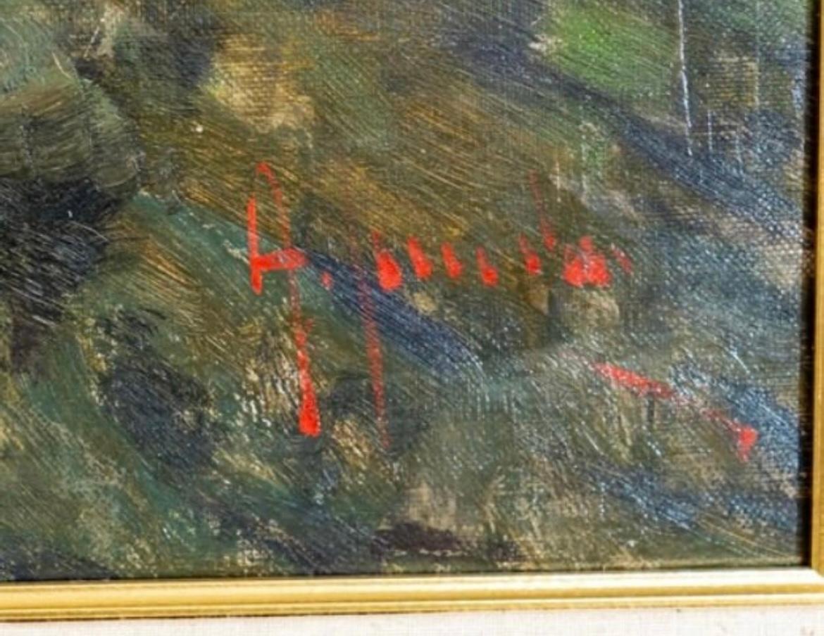 Artist: Antonio Saninno (born, 1959)
Subject: Farm buildings in a olive farm landscape
Medium: Oil on canvas
Title: Olive grove in Italia
Date: Early 20th century
Signature: Lower right A. Sannino

Frame: Louis XV-style carved and molded frame

View
