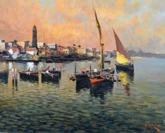 Procida, Bahía de Nápoles - Pintura de paisaje marino italiano del siglo XX Barcos al atardecer