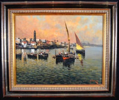Procida, Bahía de Nápoles - Pintura de paisaje marino italiano del siglo XX Barcos al atardecer
