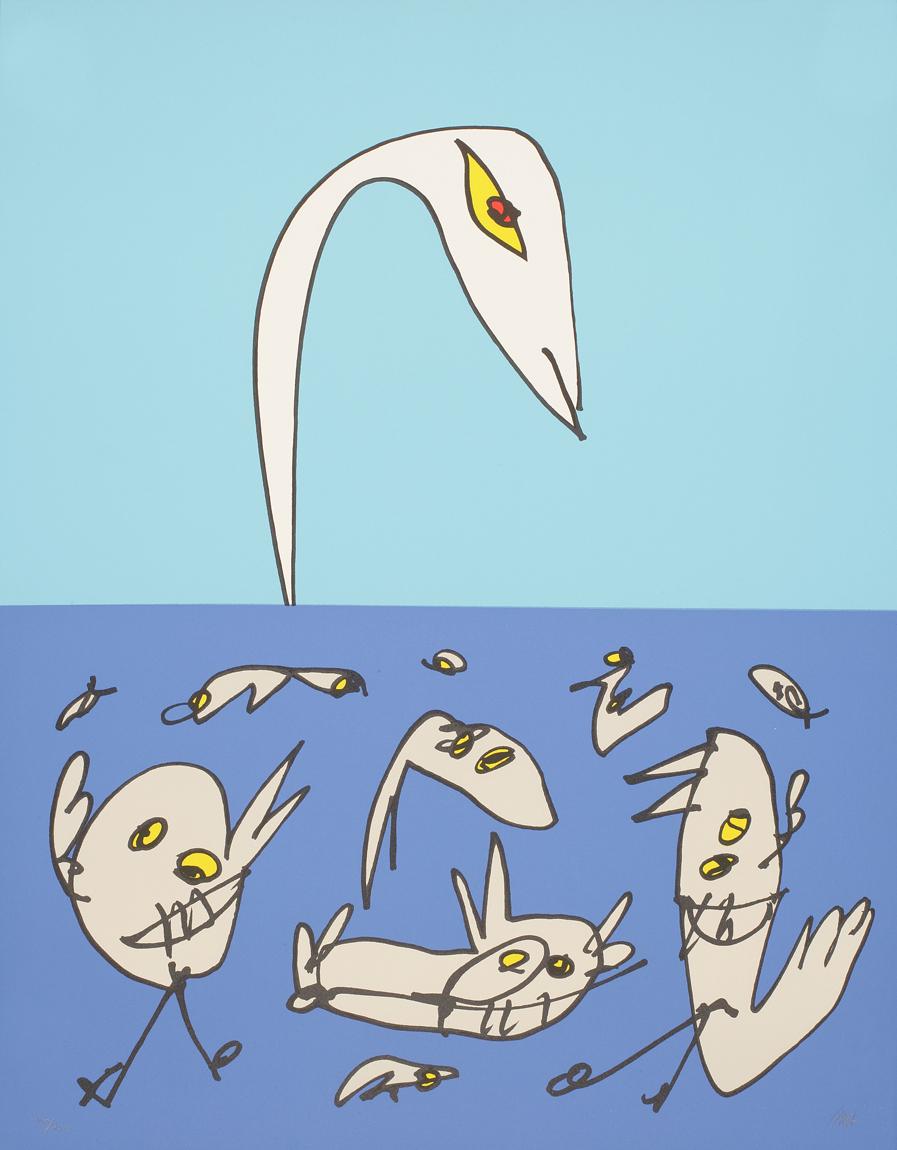 Litografia a colori di Antonio Saura
"El patito feo", 1997
65 x 50 cm 
Copia 186/250
Edizione di 285 

Antonio Saura (Huesca, Spagna 1930-1998 Cuenca) ha trovato il suo grande tema nella figura umana. Saura era un pittore dell'abisso,