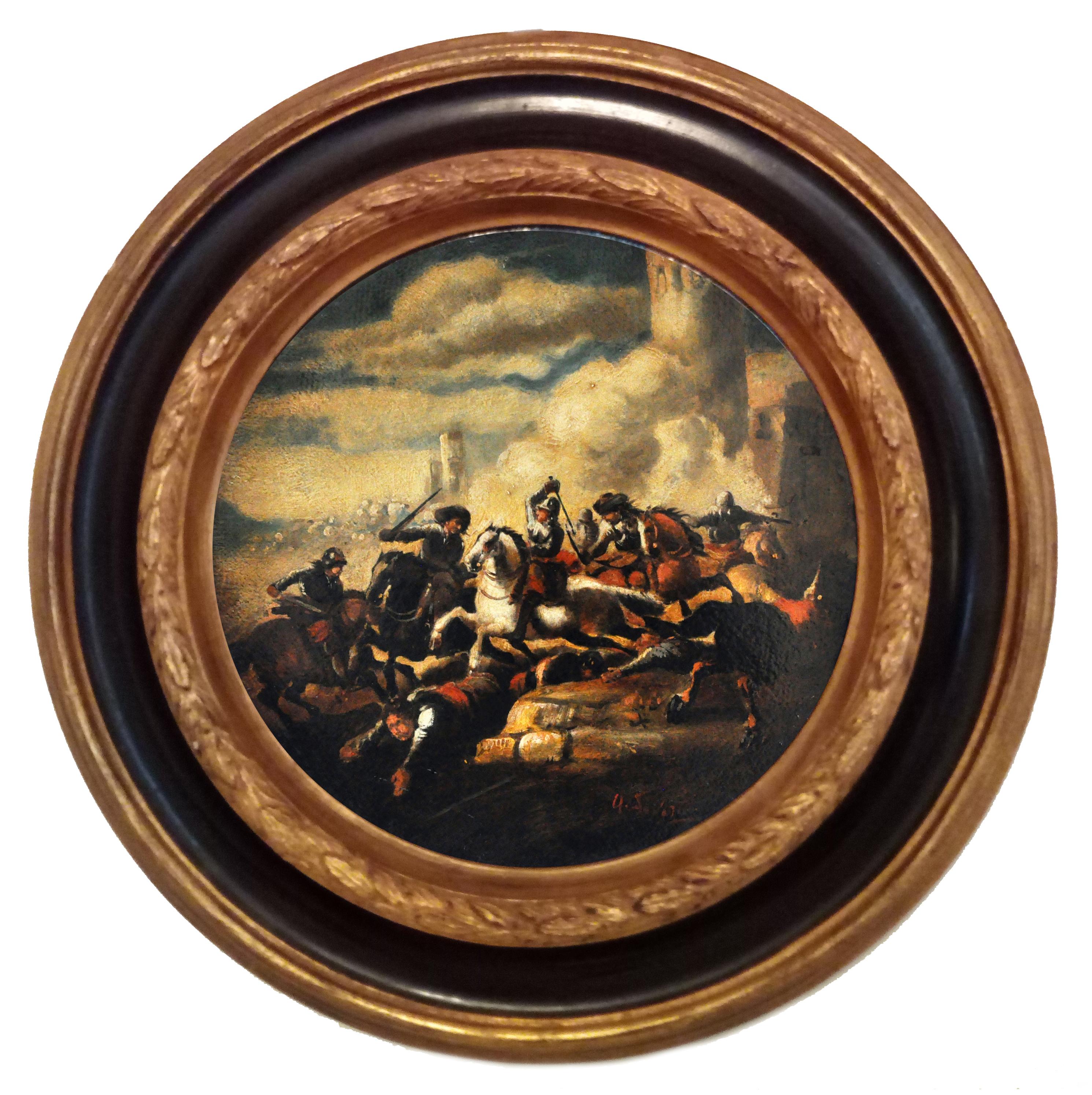 Land Battle - Antonio Savisio Italia 2006 - Oil on canvas diam. cm. 30
Gold leaf gilded and laquered wooden frame cm. 47x47

Maestro Antonio Savisio drew inspiration from the masterpieces of the great Neapolitan Maestro Salvator Rosa who was the