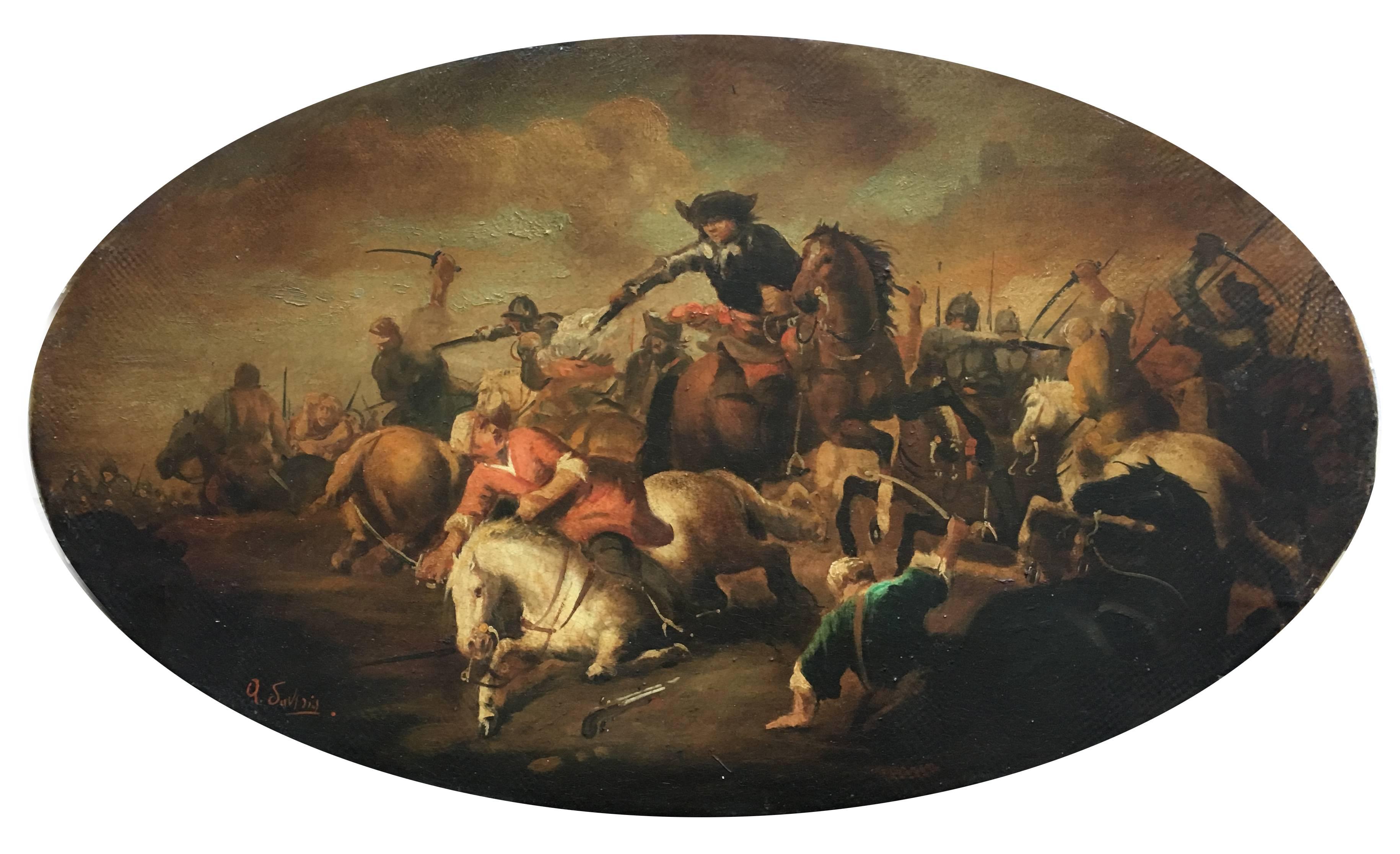 CAVALRY BATTLE - Oil on oval canvas cm.30x50 by Antonio Savisio, Italy 2005
Maestro Antonio Savisio drew inspiration from the masterpieces of the great Neapolitan Maestro Salvator Rosa who was the author of great war and cavalry scenes, so much so