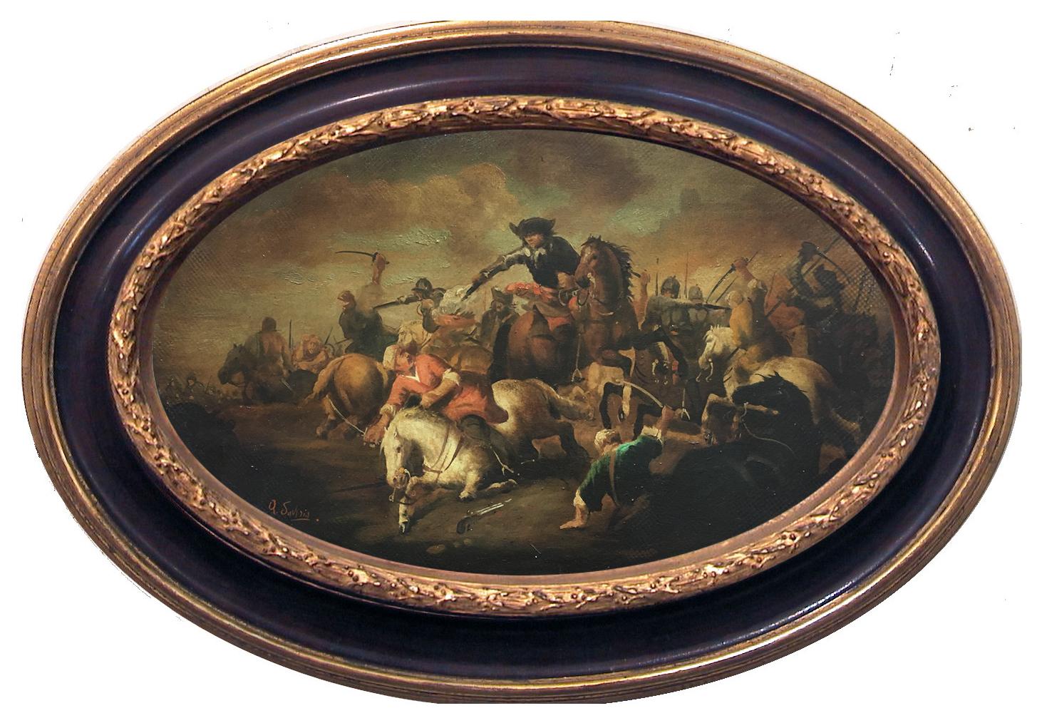 BATAILLE DE CAVALERIE - Huile sur toile ovale cm.30x50 par Antonio Savisio, Italie 2005
Le maestro Antonio Savisio s'est inspiré des chefs-d'œuvre du grand maestro napolitain Salvator Rosa, auteur de grandes scènes de guerre et de cavalerie, à tel
