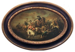 CAVALRY BATTLE- Antonio Savisio - Neapolitan School Oil on canvas Oval Painting