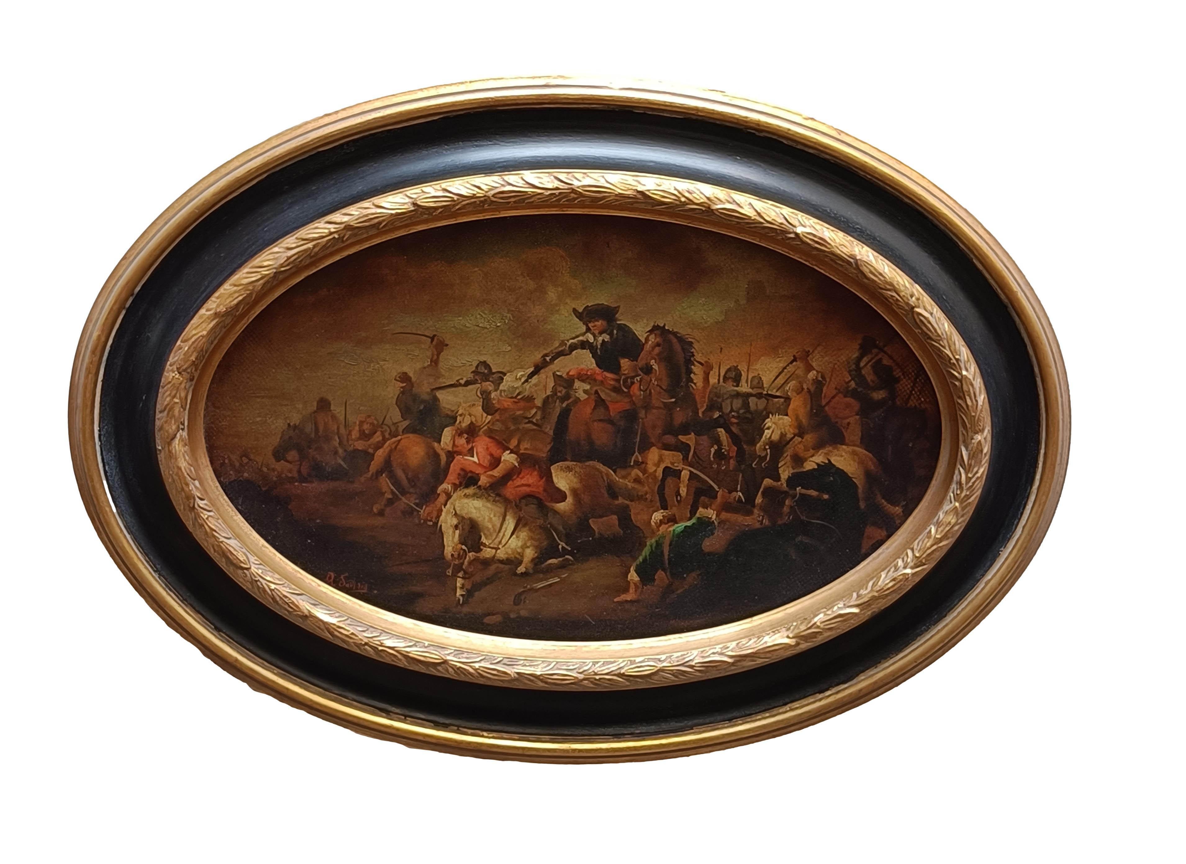 BATTAGLIA DI CAVALLERIA - Antonio Savisio - Scuola napoletana Olio su tela Pittura ovale