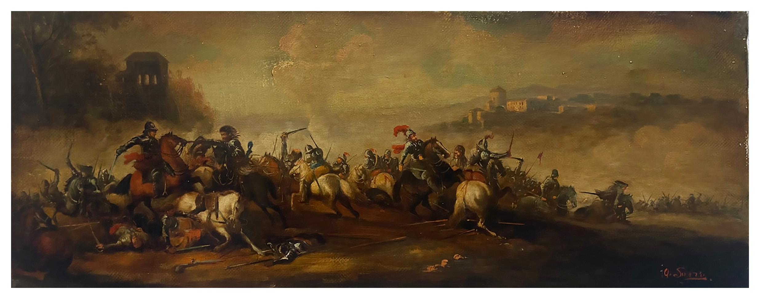 Land Battle - Antonio Savisio Italia 2006 - Oil on canvas cm. 30x80
Gold leaf gilded wooden frame available on request

Maestro Antonio Savisio drew inspiration from the masterpieces of the great Neapolitan Maestro Salvator Rosa who was the author