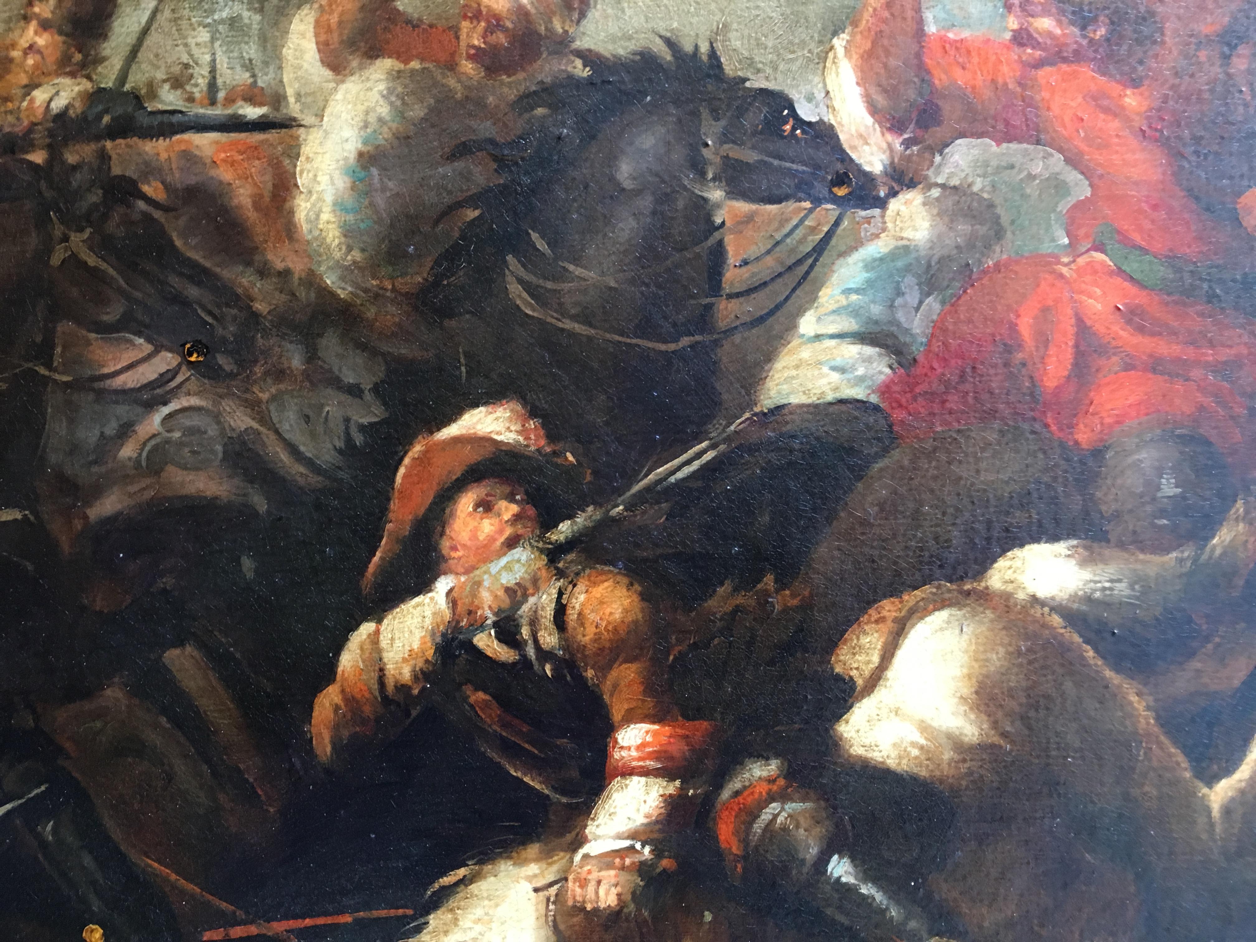 BATALLA DE CAVALERÍAS - Antonio Savisio -Escuela Napolitana  Óleo sobre lienzo Pintura en venta 3