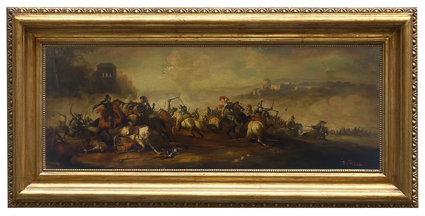 Bataille terrestre - Antonio Savisio Italia 2006 - Huile sur toile cm. 30x80
Cadre en bois doré à la feuille d'or disponible sur demande.

Maestro Antonio Savisio s'est inspiré des chefs-d'œuvre du grand maestro napolitain Salvator Rosa, auteur de