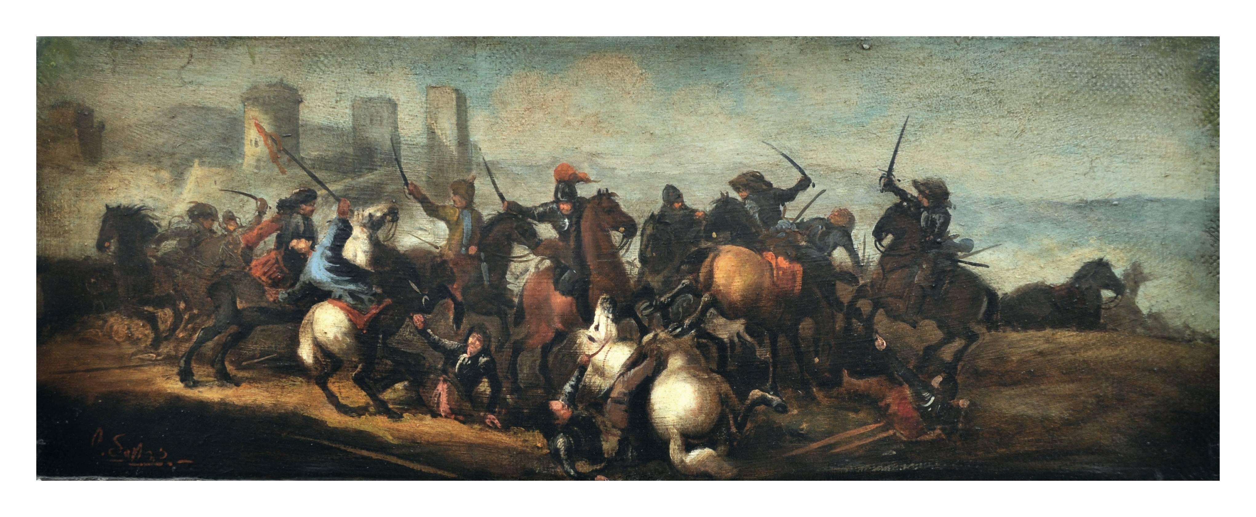 CAVALRY BATTLE - Savisio Italian figurative oil on canvas  painting - Painting by Antonio Savisio