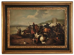 CAVARLY BATTLE Antonio Savisio-Neapolitan School Oil on Canvas Italian Painting
