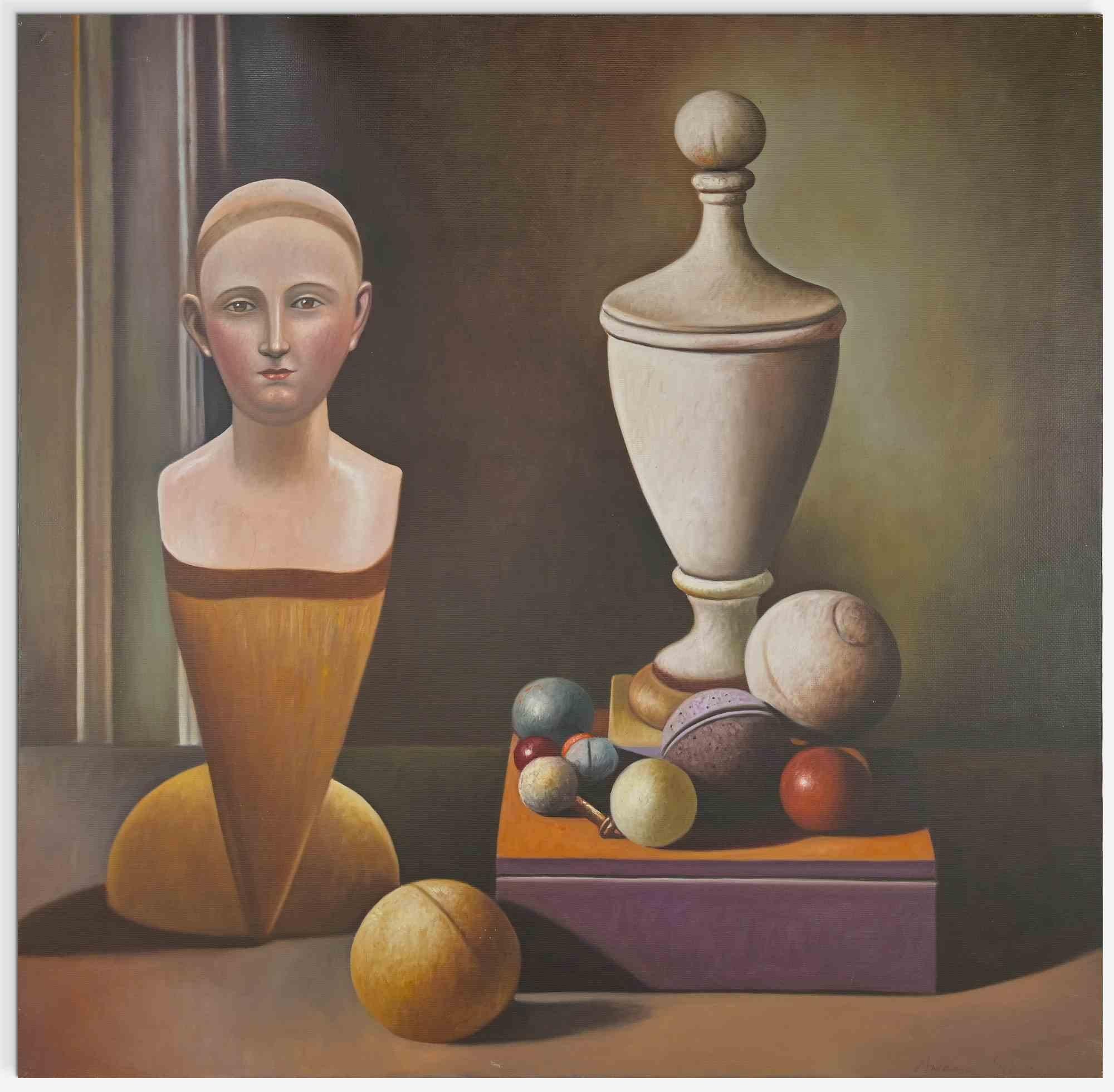 Still life of spheres and wood sculpture is an oil painting on canvas made by Antonio Sciacca ( Catania 1957). 

100x98 cm.

Handsigned on the lower right and on the back.

Good conditions. 

Antonio Sciacca was born in Catania, where he completed