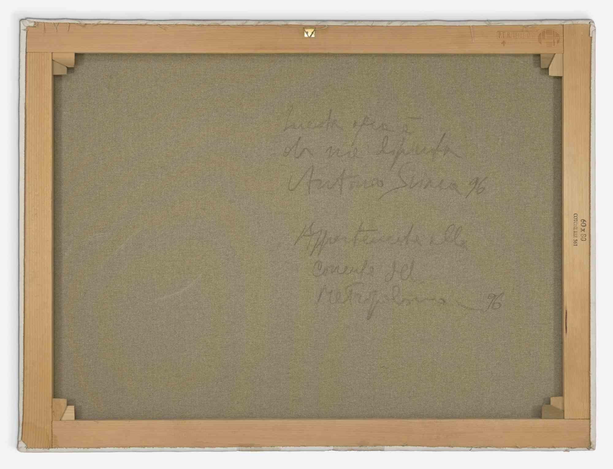 Natura morta con maschera e libri - Dipinto a olio di Antonio Sciacca - 1996 in vendita 1