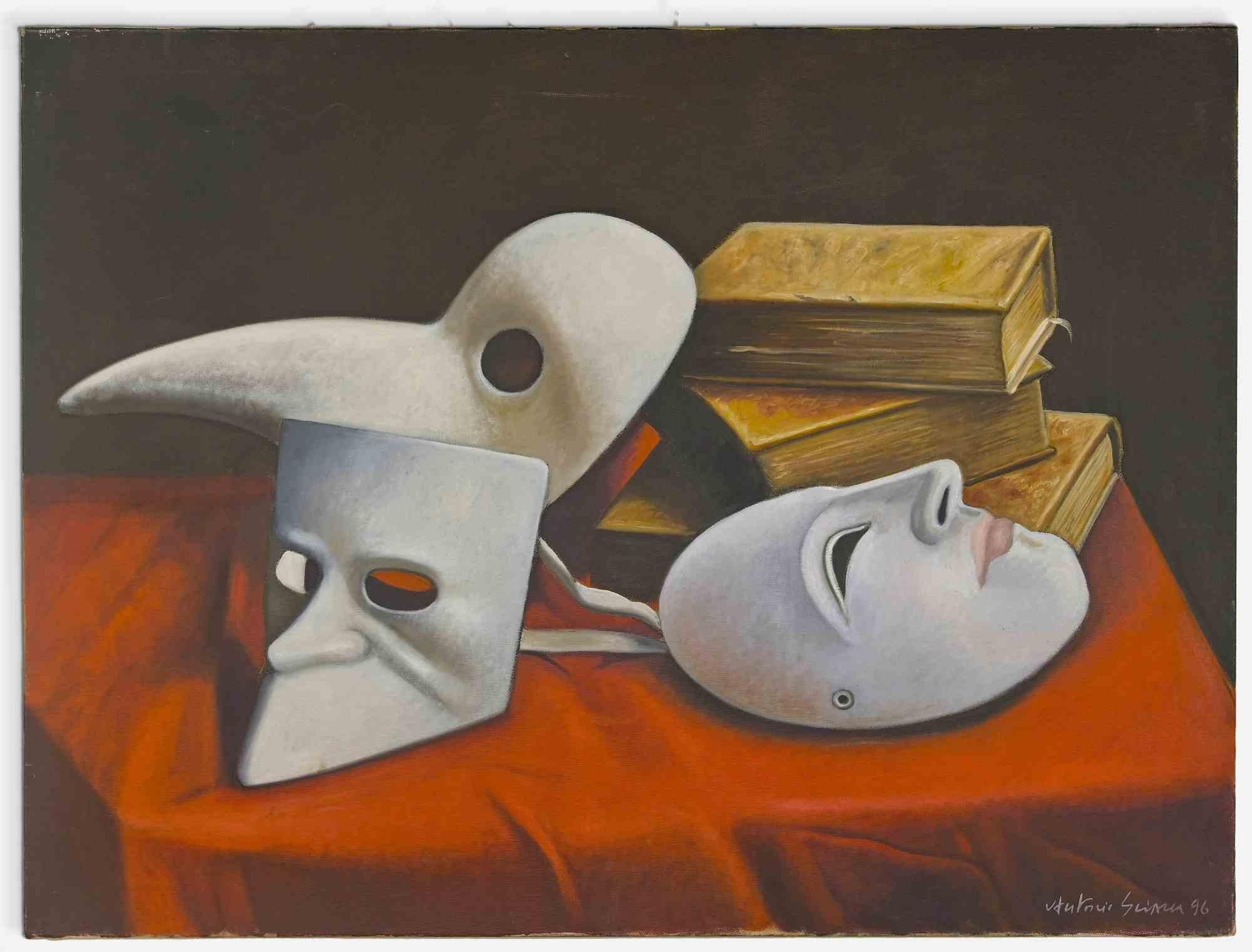 Stillleben mit Maske und Büchern – Ölgemälde von Antonio Sciacca – 1996