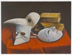 Nature morte avec masque et livres - Peinture à l'huile d'Antonio Sciacca - 1996