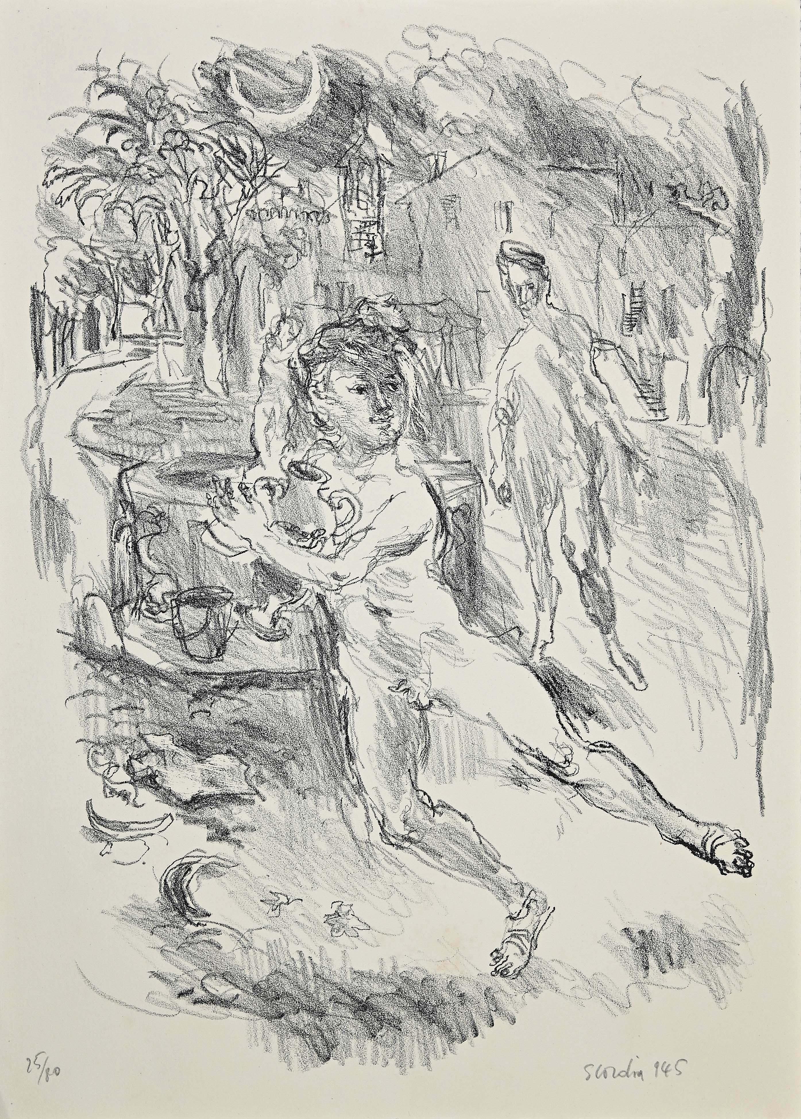 The Escape is an original lithograph artwork realized by Antonio Scordia in 1945. Edition of 25/80 prints. Hand-signed in pencil on the lower right; numbered on the lower left.

Good conditions. 

The artwork represents two figures, in the front the
