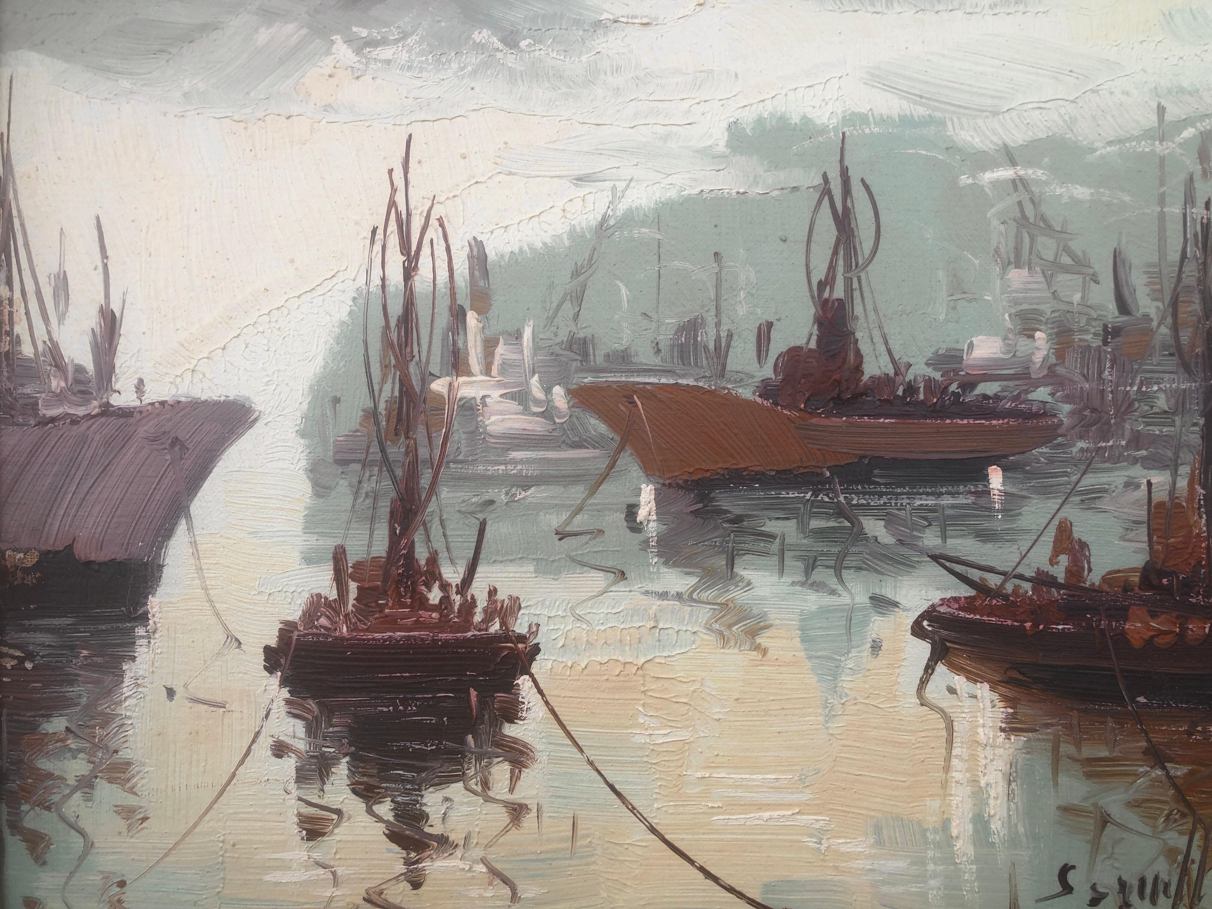Spanish pier oil on canvas painting Spain seascape For Sale 3