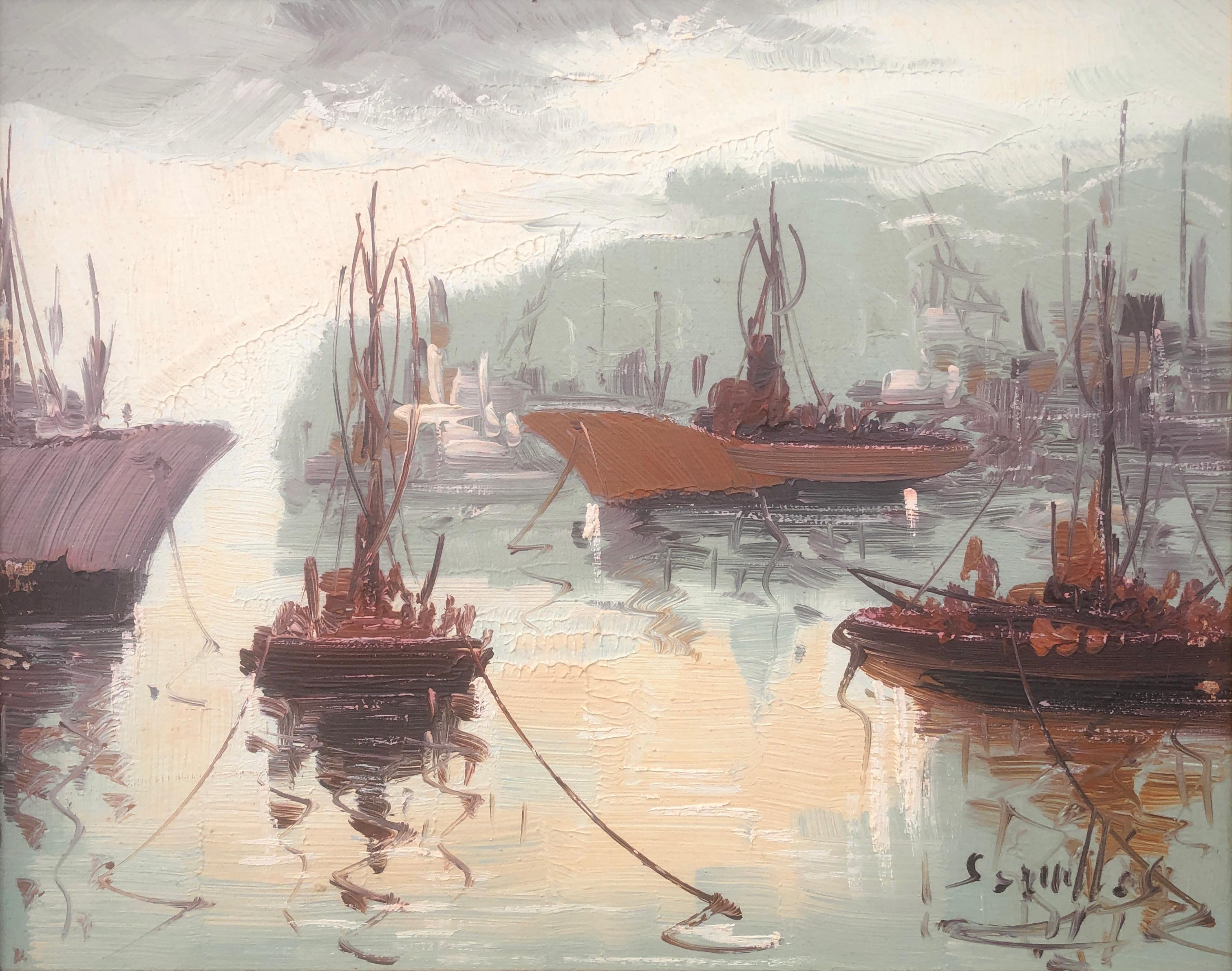 Spanish pier oil on canvas painting Spain seascape