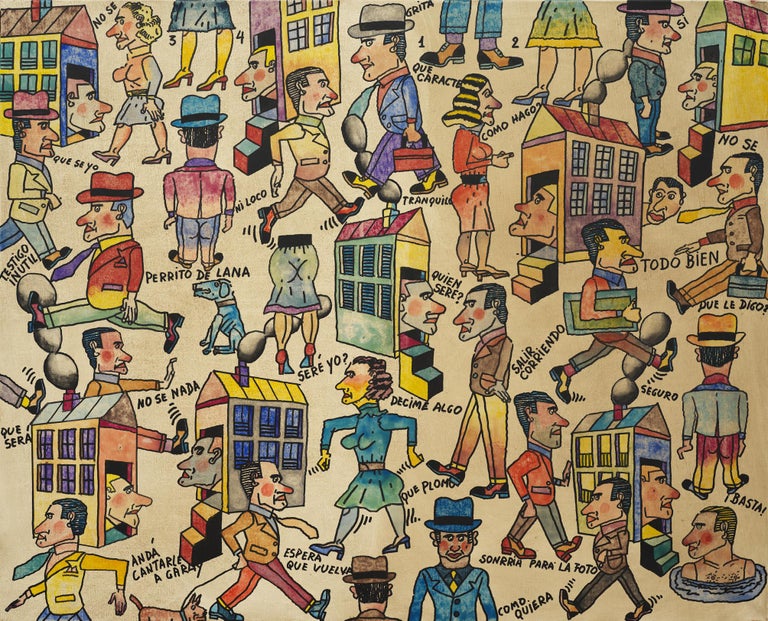 "Cosas Que Pasan" by Antonio Segui
Acrylic on canvas
Size US: 31 9/10 x 39 2/5 in
Size Europe: 81 x 100 cm
Signed, titled and dated at the back
Antonio Seguí (January 11, 1934) is an Argentine cartoonist, painter, engraver, book illustrator and