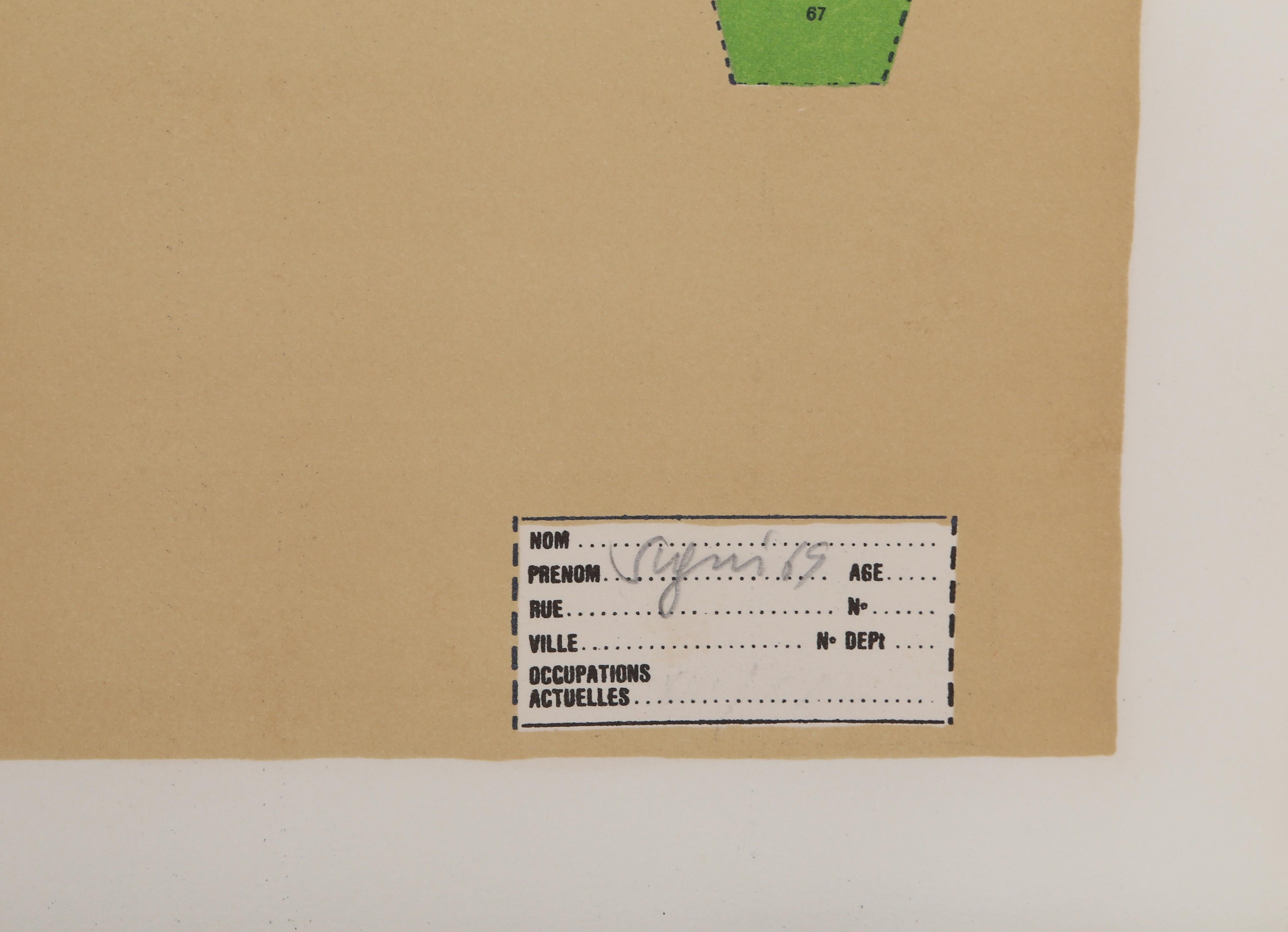 Künstler: Antonio Segui, Argentinier (1934 - )
Titel:	Manhattan aux Enzyme
Jahr: 1970
Medium:	Siebdruck, signiert und nummeriert mit Bleistift
Auflage: 100
Größe: 22 x 30 Zoll (55,88 x 76,2 cm)
