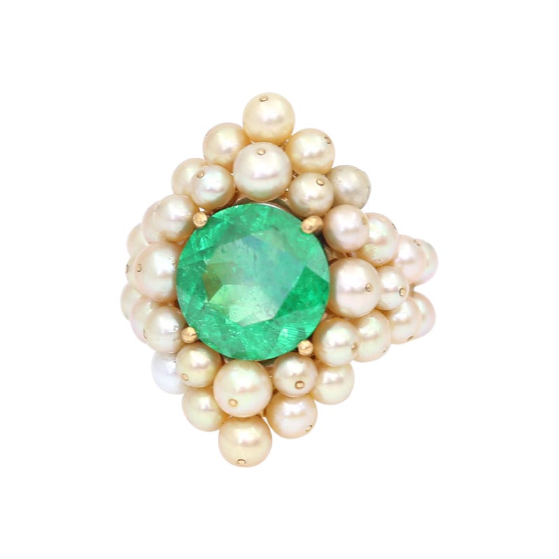 Emerald Cut Antonio Seijo Demantoid Garnet 7.7C Pearls Diamonds Emerald Ring Certified, 2010 For Sale