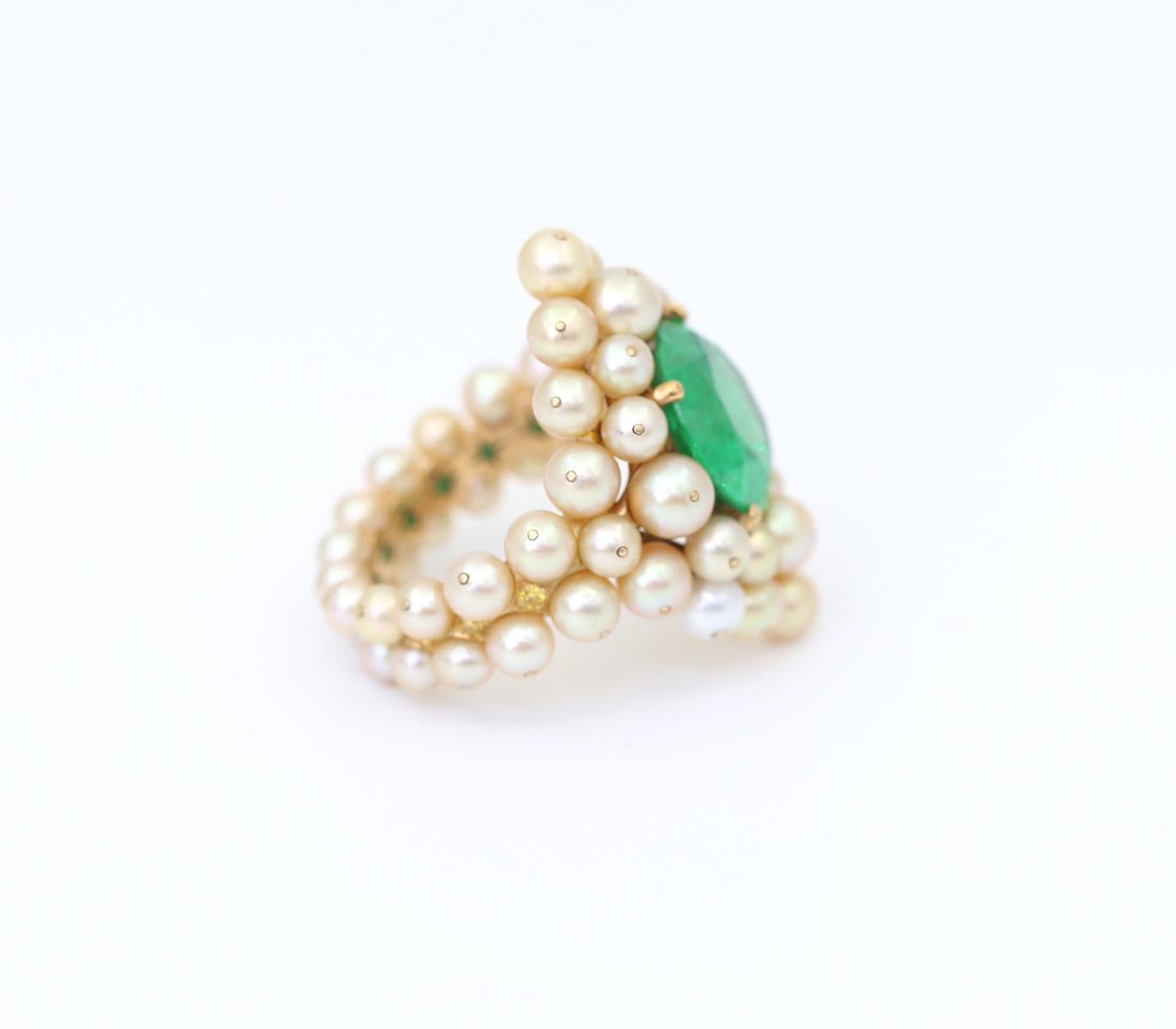 Women's Antonio Seijo Demantoid Garnet 7.7C Pearls Diamonds Emerald Ring Certified, 2010 For Sale