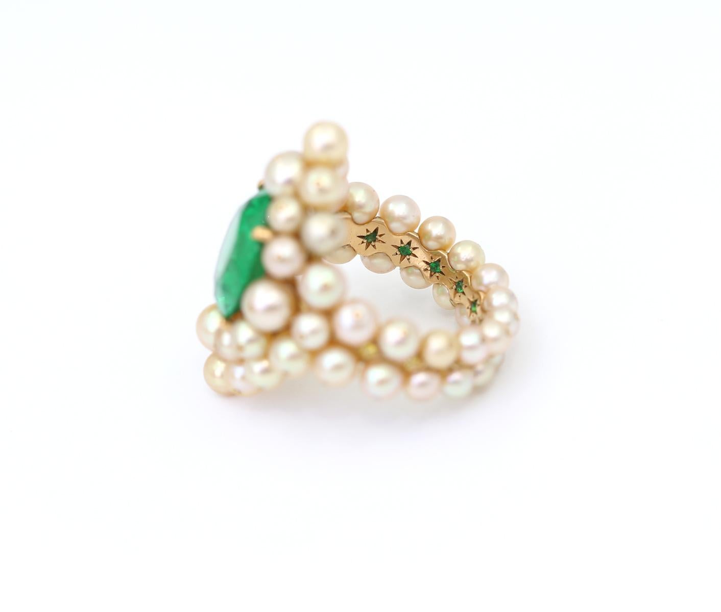 Antonio Seijo Demantoid Garnet 7.7C Pearls Diamonds Emerald Ring Certified, 2010 For Sale 2