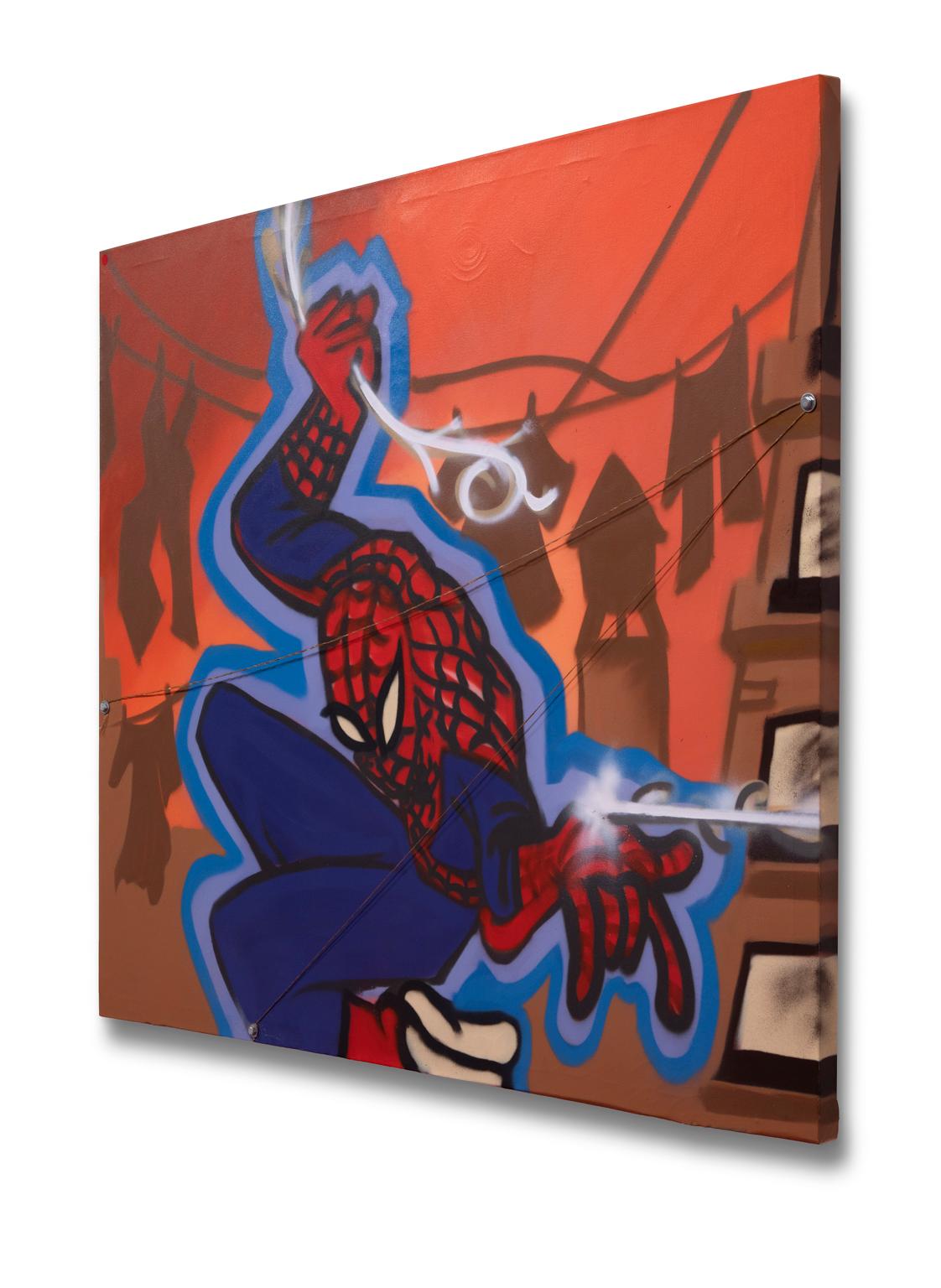 „Spidey“ Graffiti/Street-Kunst, Sprühfarbe, ikonisches Comic-Charakter – Painting von Antonio 