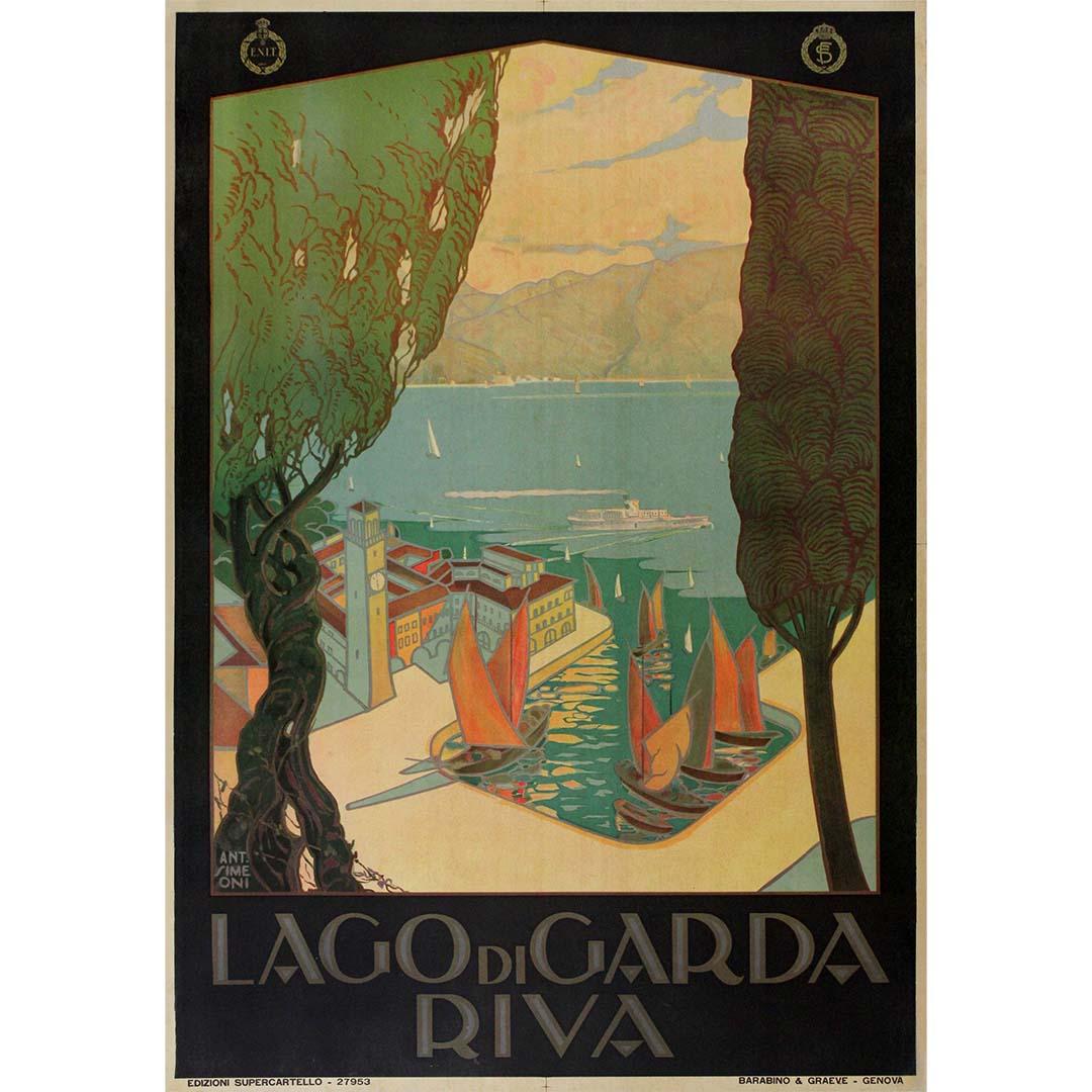 circa 1925 original travel poster by Simeoni Lago di Garda Riva E.N.I.T. - Print by Antonio Simeoni
