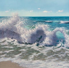 Antonio Soler, "Rolling Tide" 39x39 Pittura a olio su tela con onde di spiaggia e paesaggio marino