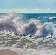 Antonio Soler, „Rolling Tide“, 39x39 Beach Wave, Meereslandschaft, Ölgemälde auf Leinwand