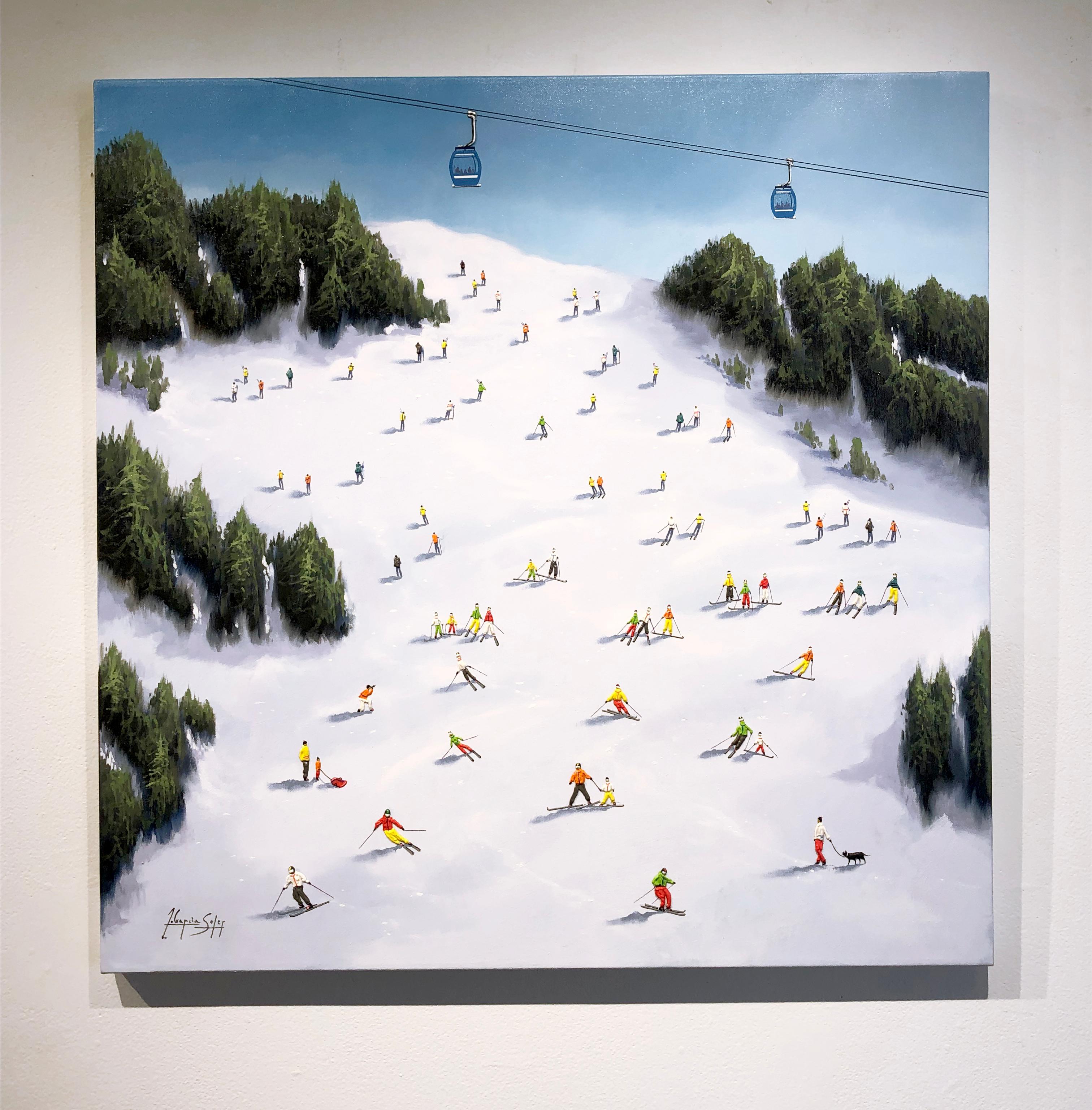 Antonio Soler, « Alpin Run », peinture de paysage de ski d'hiver texturé sur pâle de neige en vente 1