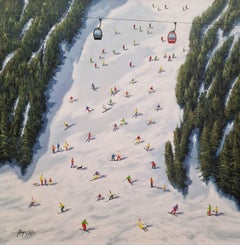 Antonio Soler, „Down the Slope“, 32x32 Texturiertes Ski-Winterlandschaftsgemälde