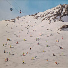 Antonio Soler, "On the Slopes" 40x40 Textured Winter Ski Snow Painting on Canvas