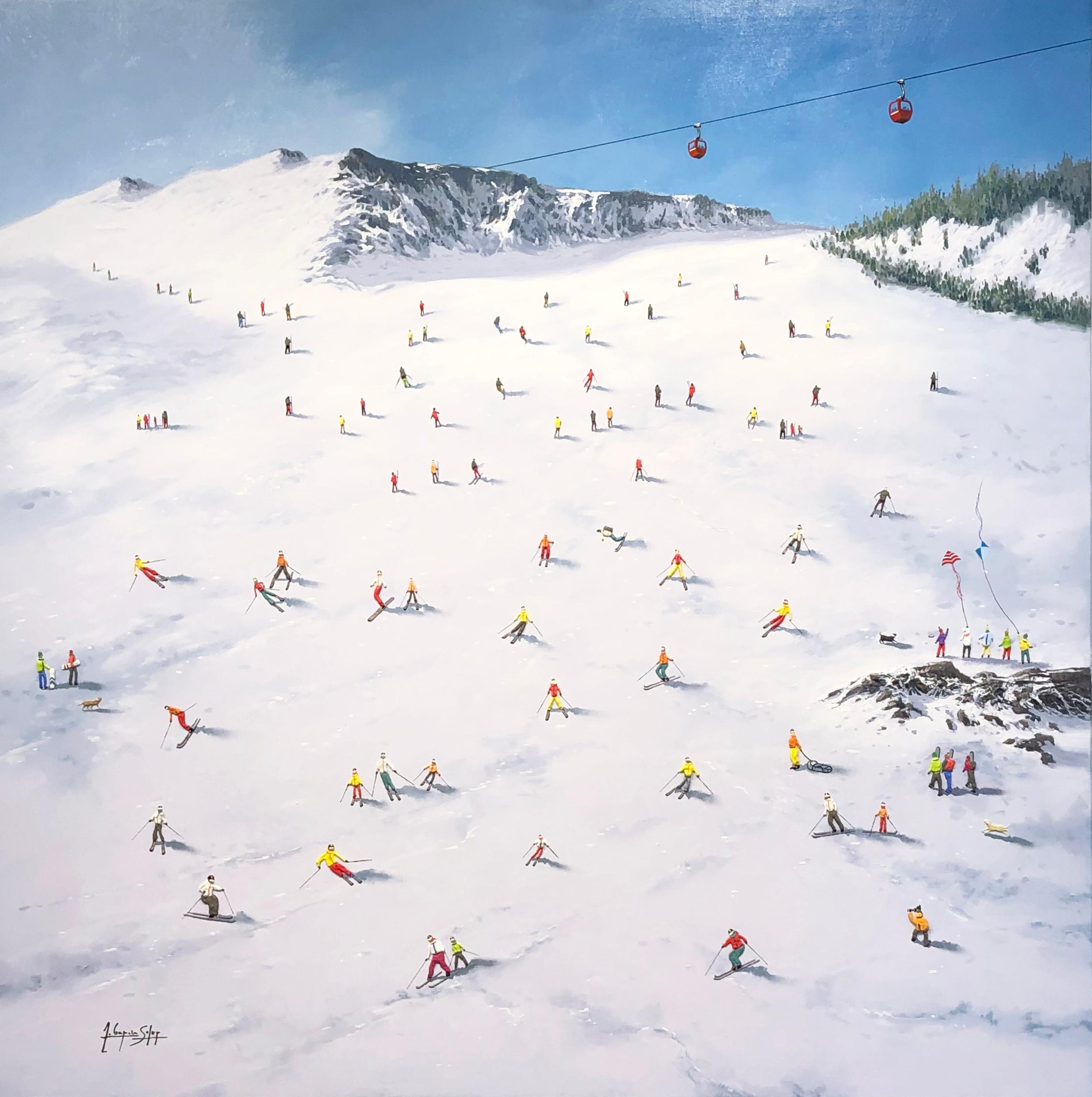 Cette œuvre joyeuse et fantaisiste, "Snow Day", est une peinture mixte sur toile de 39x39 réalisée par l'artiste Antonio Soler, qui capture une scène de foule de skieurs sur une piste gelée. Vêtus de vestes bouffantes et de pantalons de neige