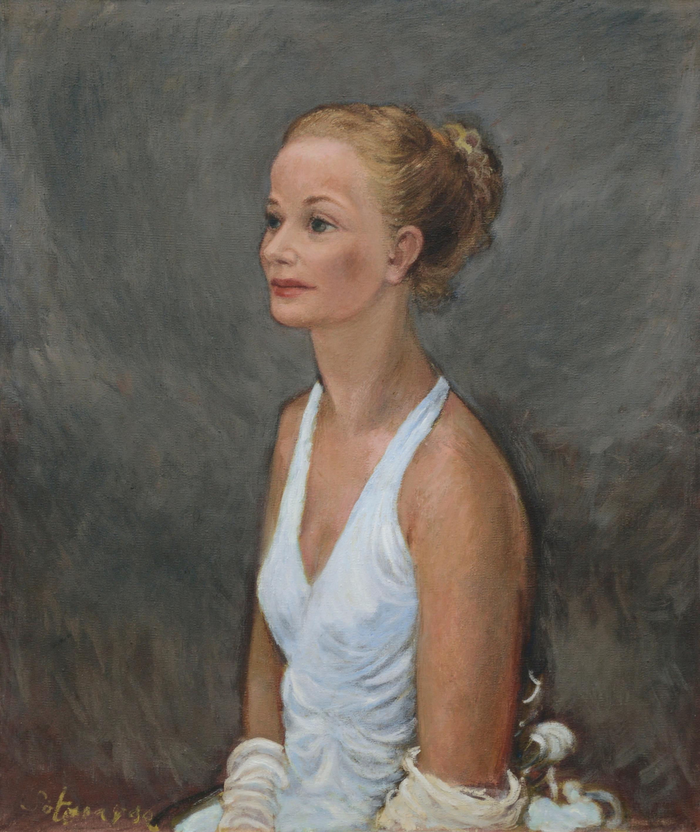 Portrait of a Woman in White Dress - Painting by Antonio Sotomayor