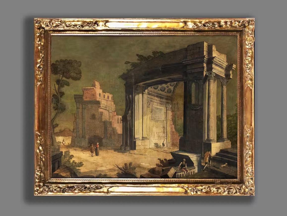 Antonio Stom (Venice, Italy, c. 1688 - 1734)
Title: Architectural Capriccio
Medium: Oil on canvas
Dimensions: without frame 88 x 113 cm - with frame 106 x 132 cm
Carved, sculpted and gilded wooden frame

Expertise by Professor Giancarlo Sestieri

An