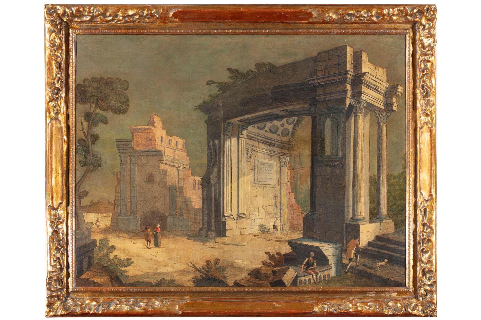 Huile sur toile Capriccio architecturale d'Antonio Stom du 18ème siècle_