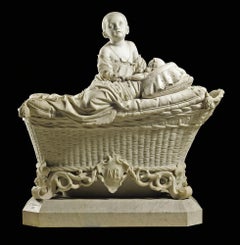 Life-Size Italian 19th Century Marble Sculpture Children on Crib, A. Tantardini