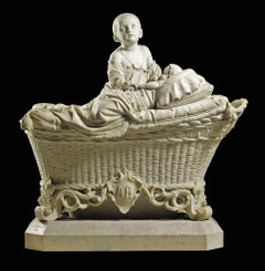 Escultura italiana de mármol a tamaño natural del siglo XIX Niños en la cuna, A. Tantardini