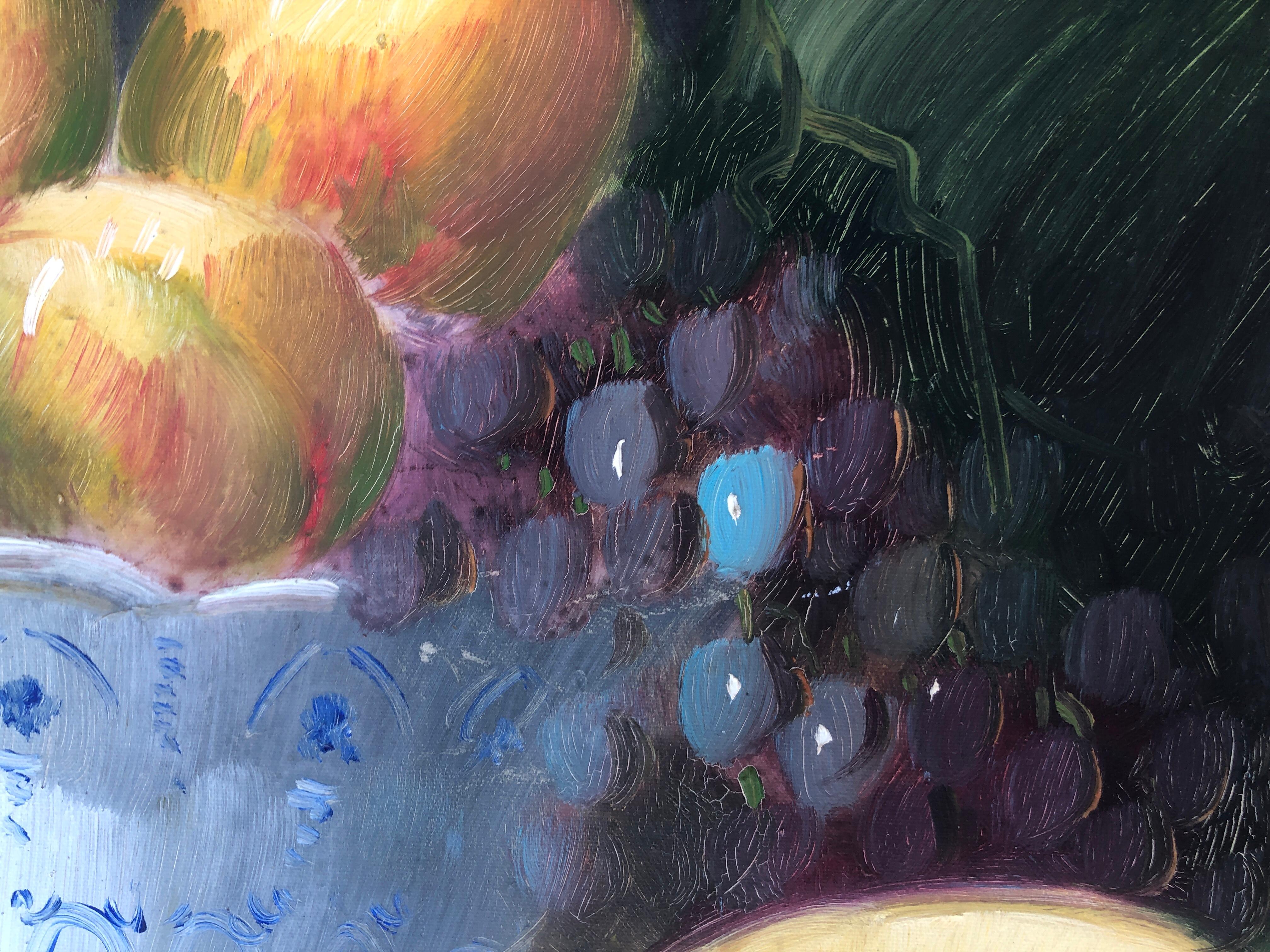 fruit still life oil on canvas painting - Gray Still-Life Painting by Antonio Tarraso