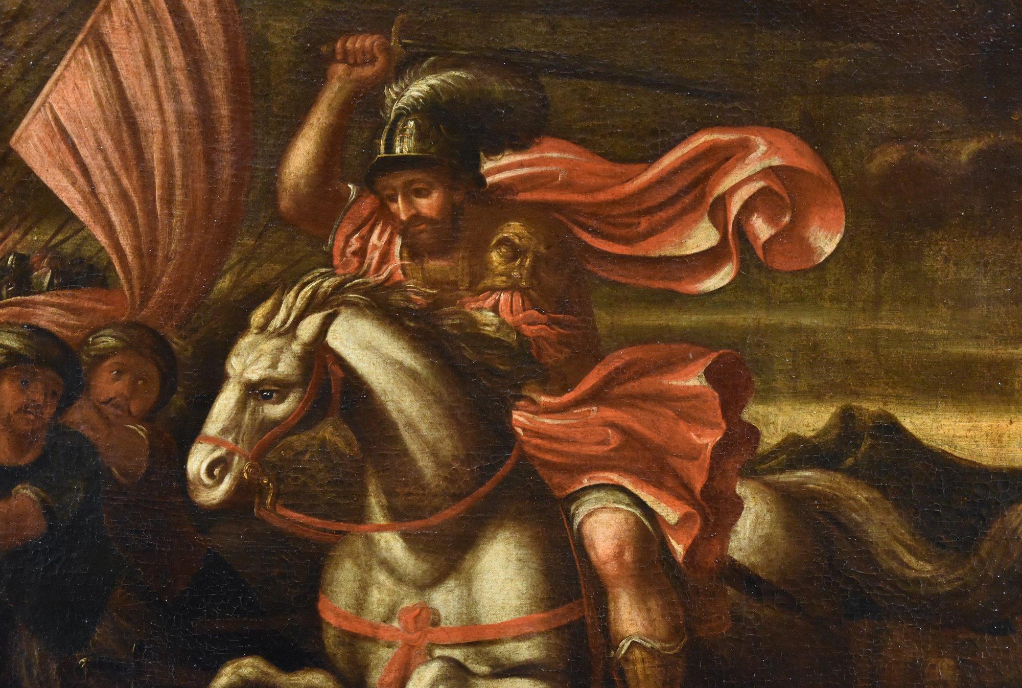 Antonio Tempesta (Florenz 1555 - Rom 1630) Kreis 

Der heilige Jakobus besiegt die Mauren in der Schlacht  

Öl auf Leinwand 112 x 102 cm - Gerahmt 125 x 114 cm  

Im Zentrum des Gemäldes steht ein tapferer Ritter mit gezücktem Schwert, stolz in