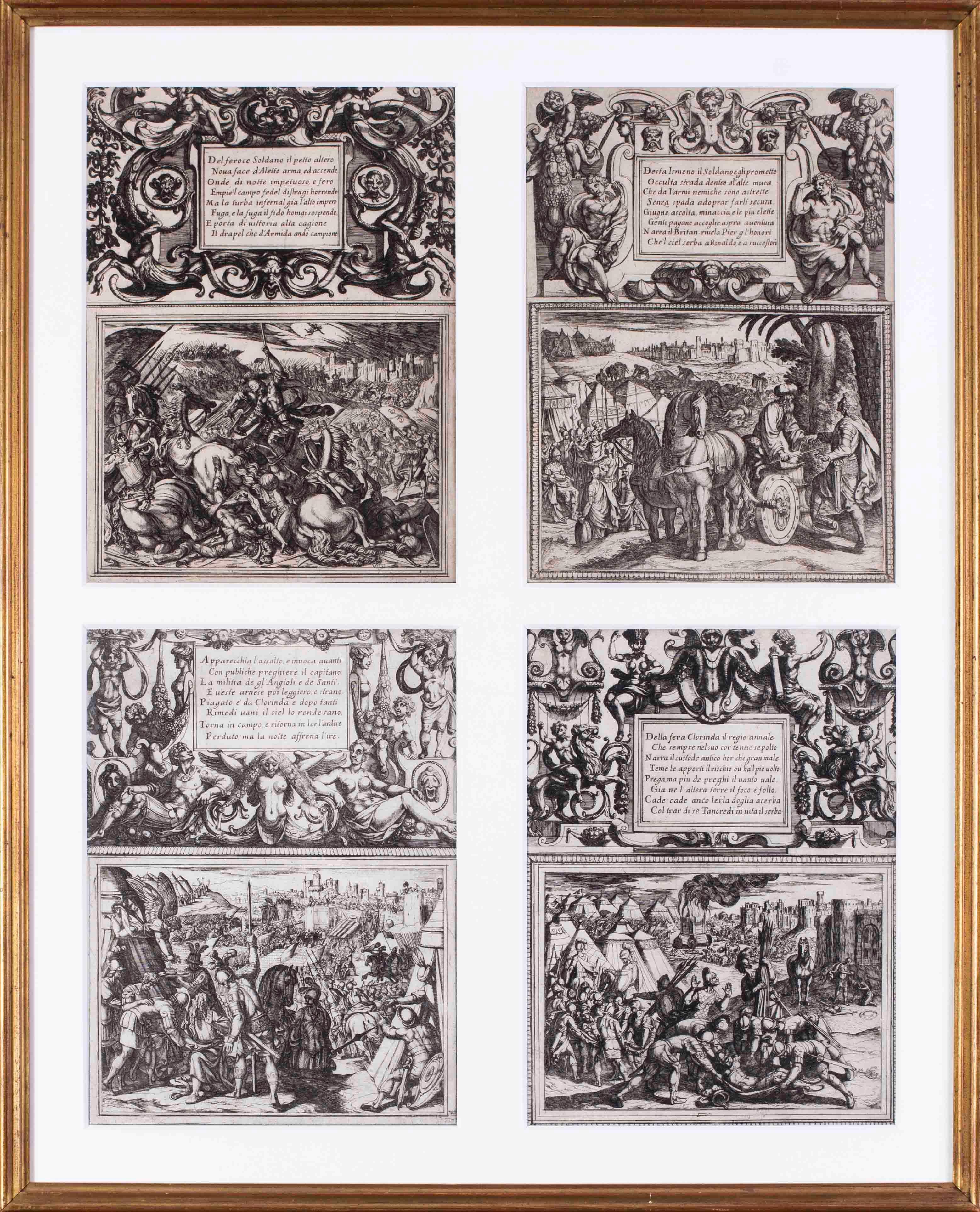 Antonio Tempesta (Italian, 1555-1630) 
Illustrations for Canto I from Tasso's Jerusalem Delivered III
etchings, ( a set of 5)
each 11 x 8.1/8 in. (28cm x 20.5cm.)
the set of 20 framed in sets of 4


Jerusalem Delivered, also known as The Liberation