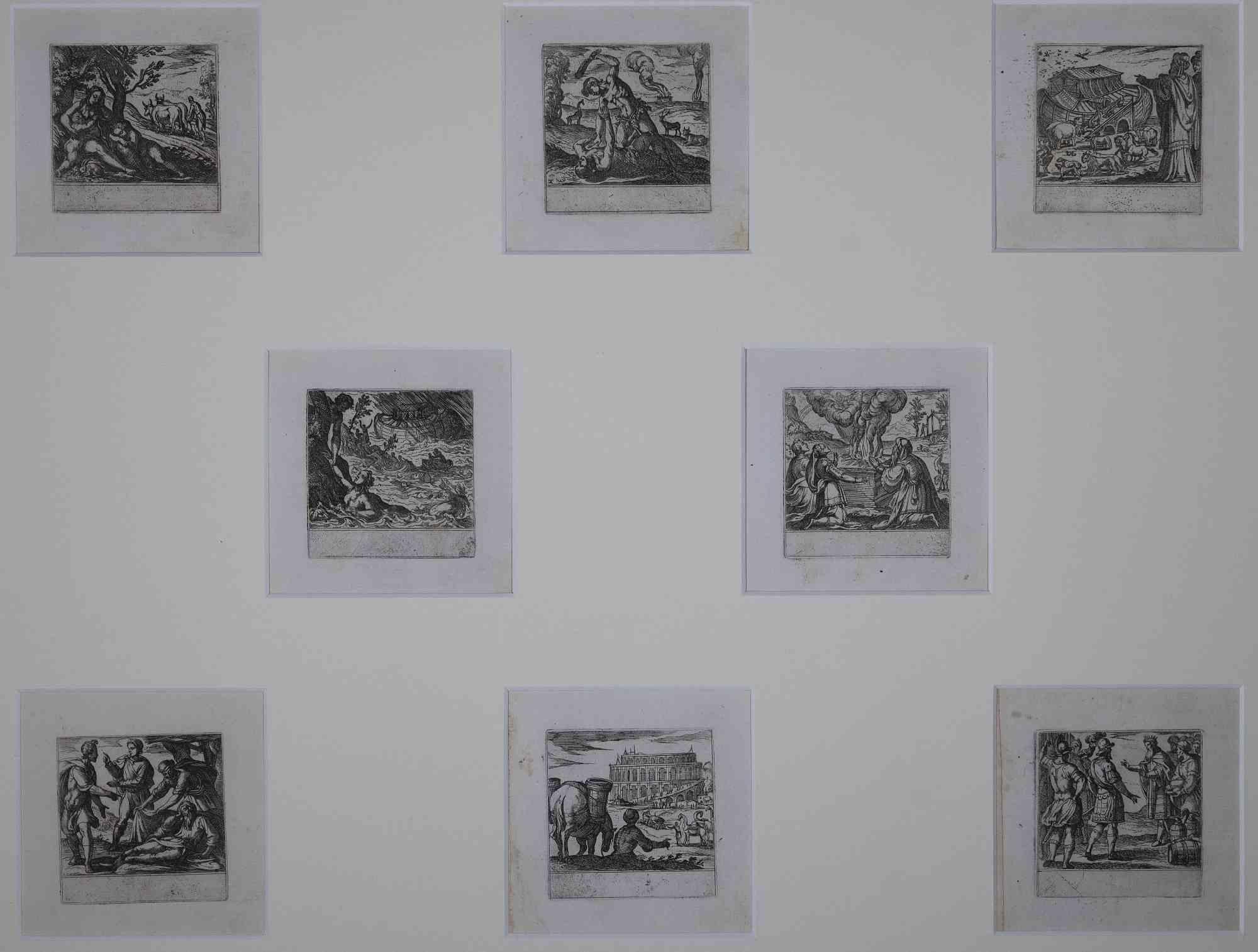 Old Testament plates is a wonderful black and white set of prints realized by the Italian master Antonio Tempesta (1555-1630) in the XVII century.

The eight plates depicting scenes of the Old testament with Inscriprions on plates

They are mounted