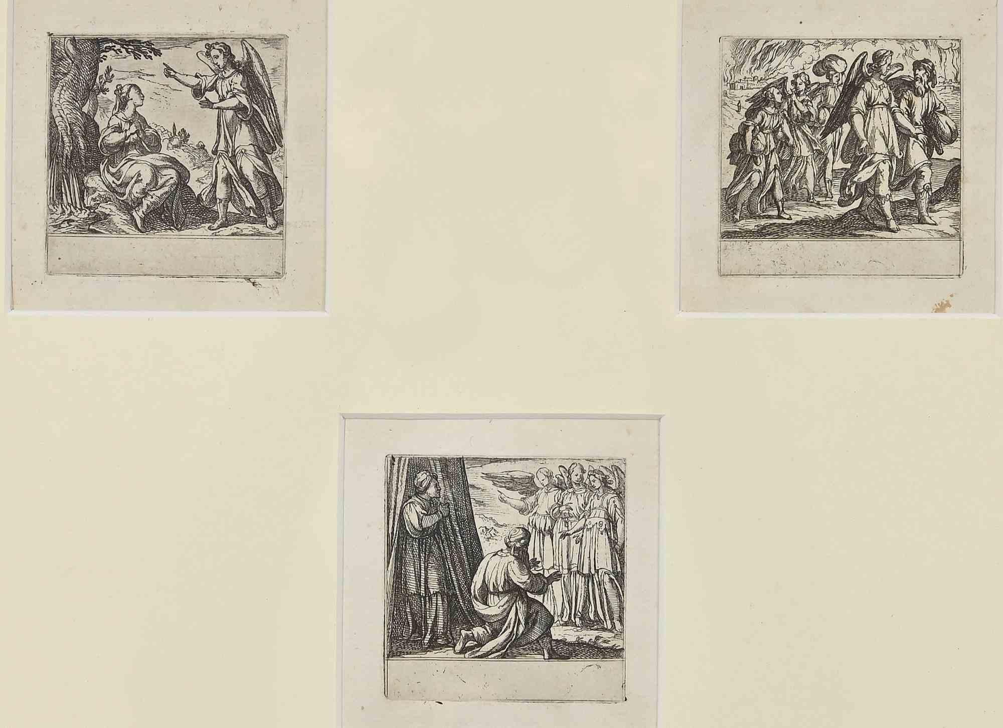 Stories from Genesis is an etching realized by Antonio Tempesta in the early 17th Century.

From left to right: Annunciation, City of Sodom burning. Lot who is saved with his daughters escorted by Angels

It's part of series of three plates. 

3