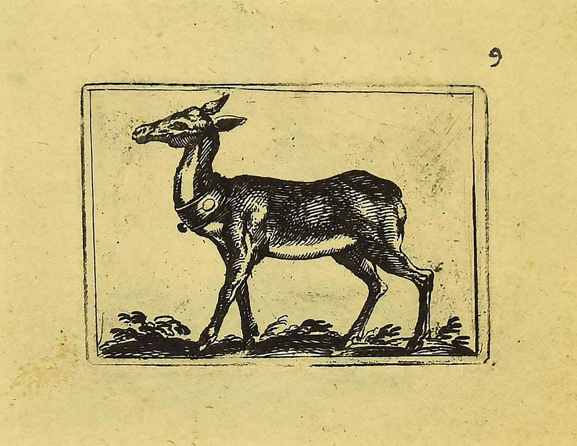 The fawn is a wonderful black and white etching on thick laid paper, realized by the Italian master Antonio Tempesta (1555-1630).
Image Dimensions: 5 x 7 / 8 x 10 cm.
Not signed. 

In excellent conditions.

Including a cream-colored cardboard