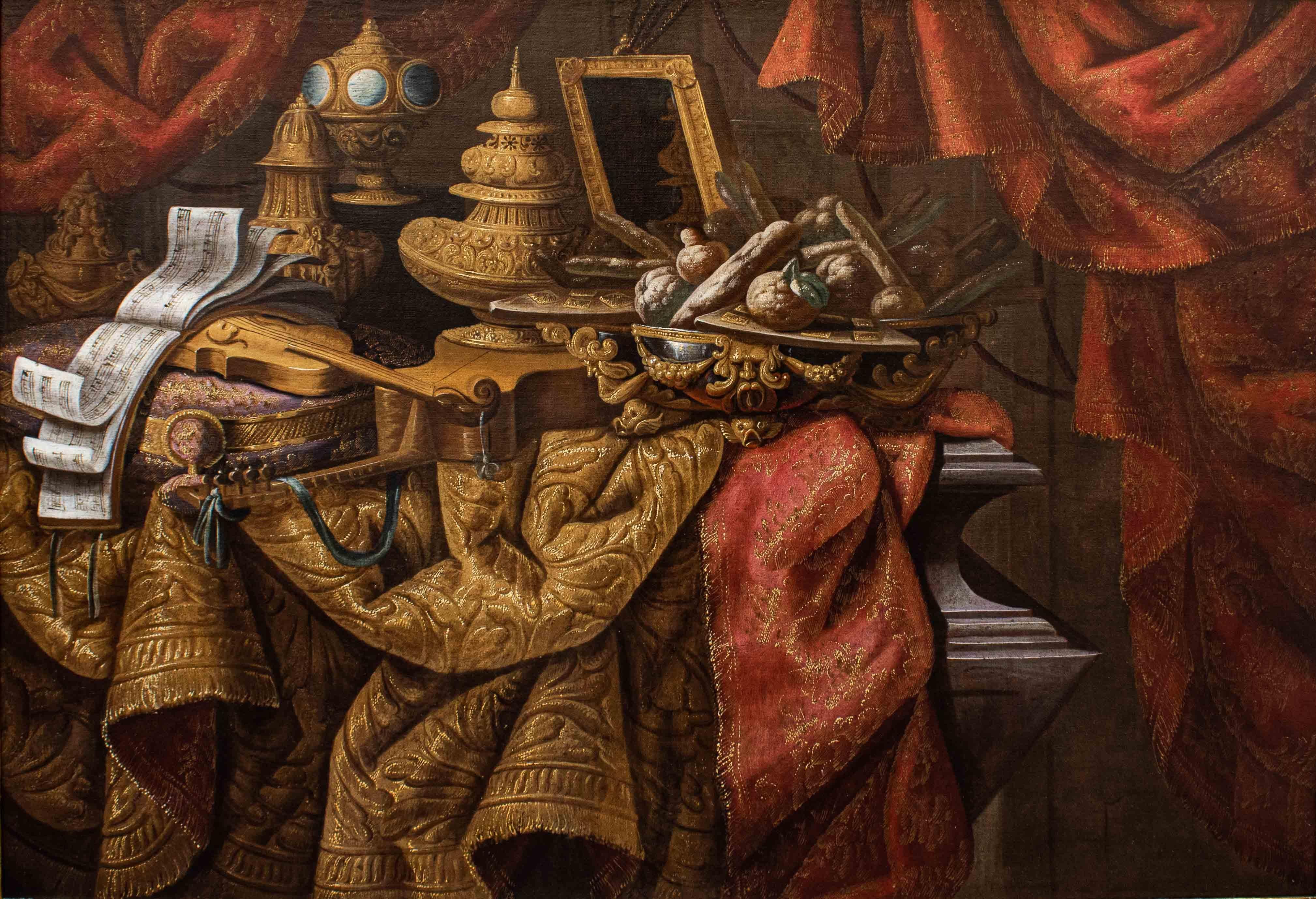 Bodegón con instrumentos musicales Óleo sobre lienzo Antonio TIbaldi - Painting de Antonio Tibaldi