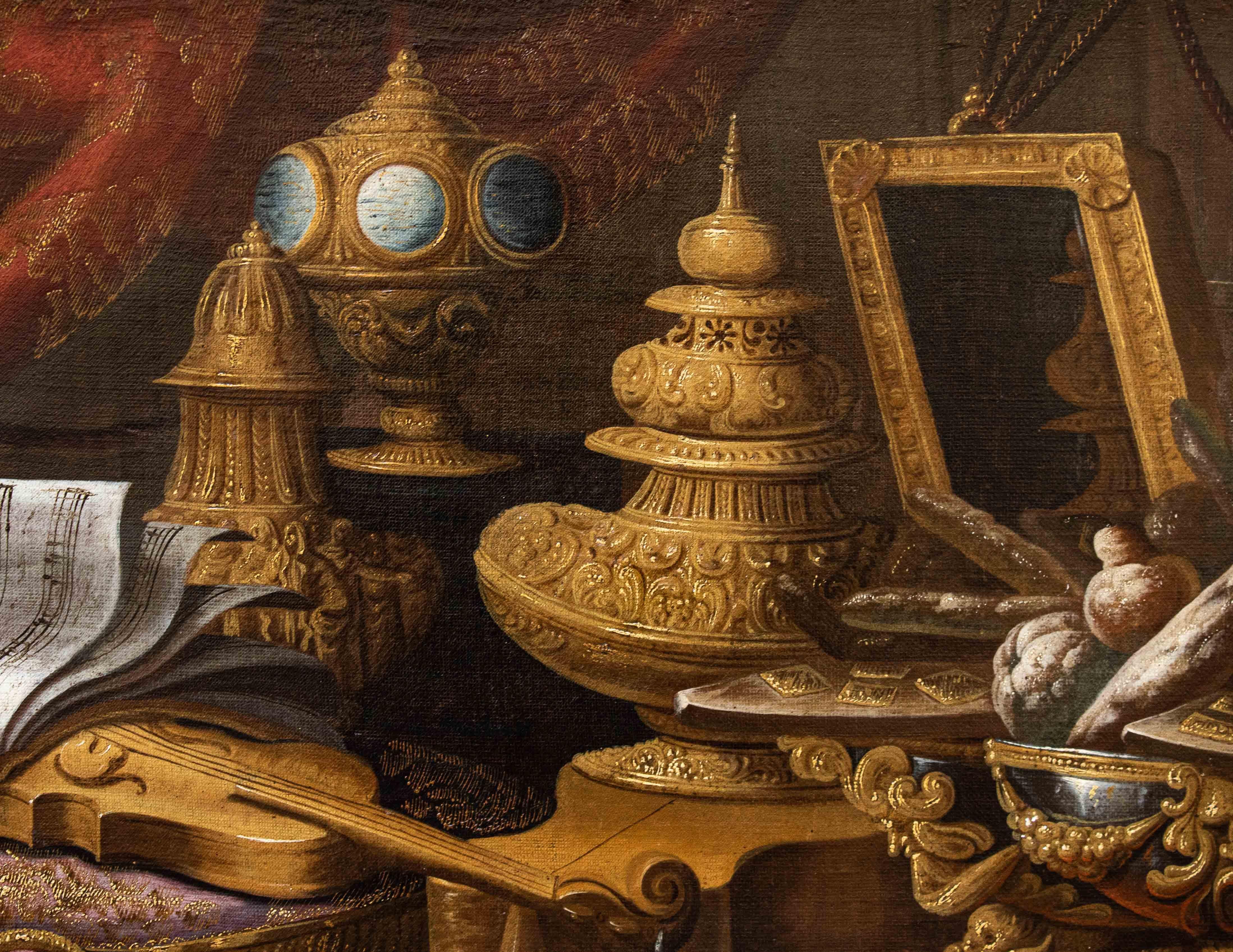 Antonio Tibaldi, genannt der Graf (Rom, 1633 - dokumentiert bis 1675)

Stilleben mit Musikinstrumenten, Notenblättern und Tortenständer

Öl auf Leinwand, 120 x 169 cm

Rahmen, 132 x 181,5 cm

Dieses Stillleben mit Musikinstrumenten, einem